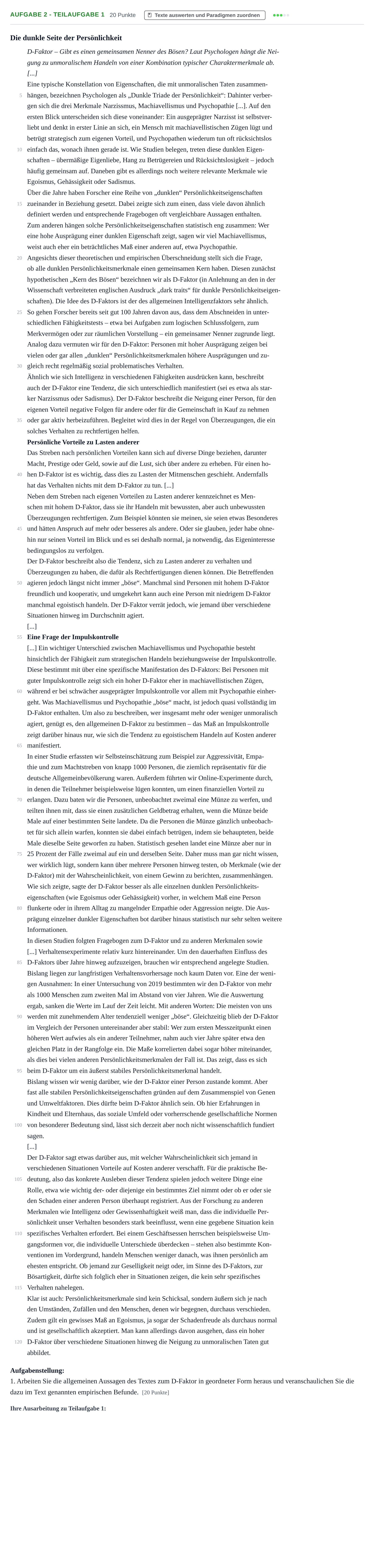 Aufgabenstellung: Aufgabe 2 - Teilaufgabe 1 · Abitur NRW Psychologie LK · Nachtermin 2023