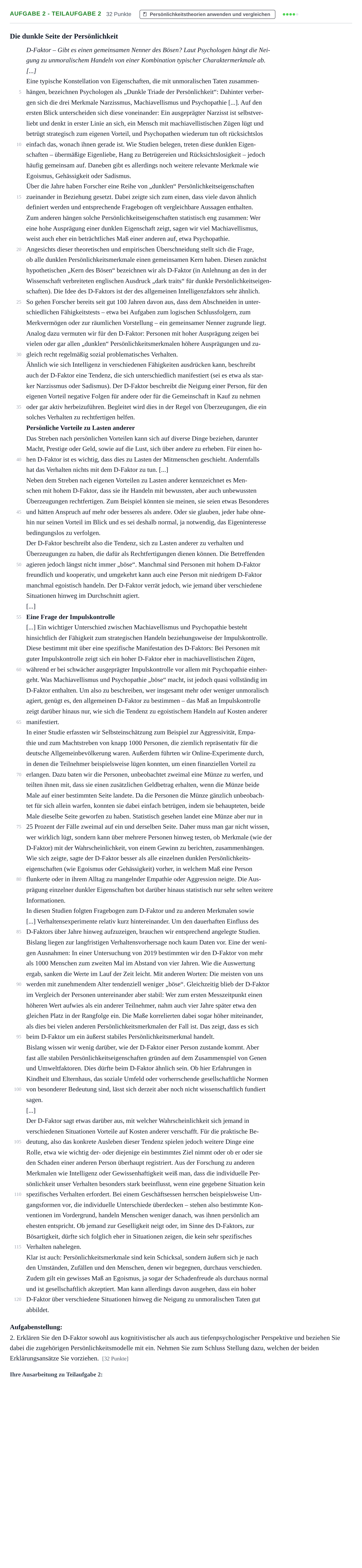 Aufgabenstellung: Aufgabe 2 - Teilaufgabe 2 · Abitur NRW Psychologie LK · Nachtermin 2023