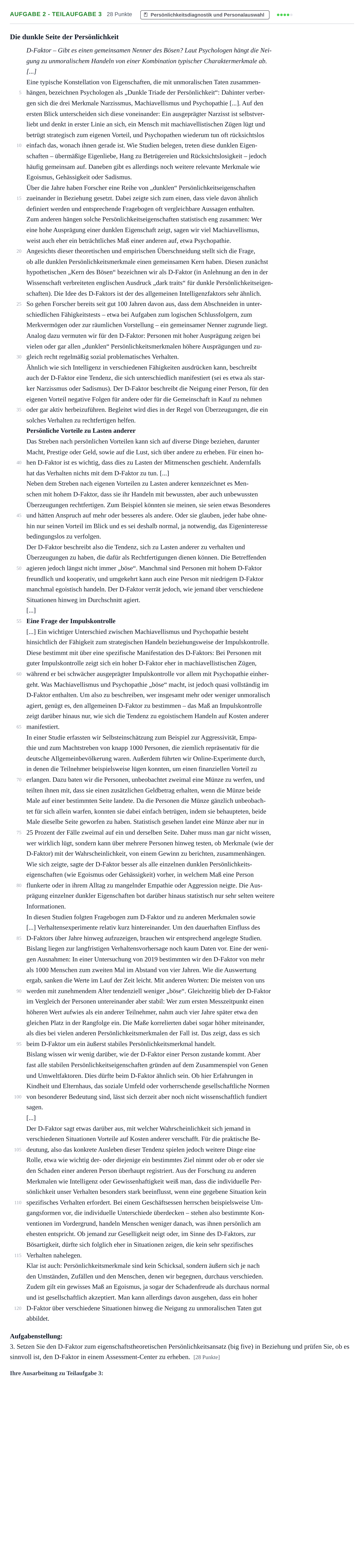 Aufgabenstellung: Aufgabe 2 - Teilaufgabe 3 · Abitur NRW Psychologie LK · Nachtermin 2023