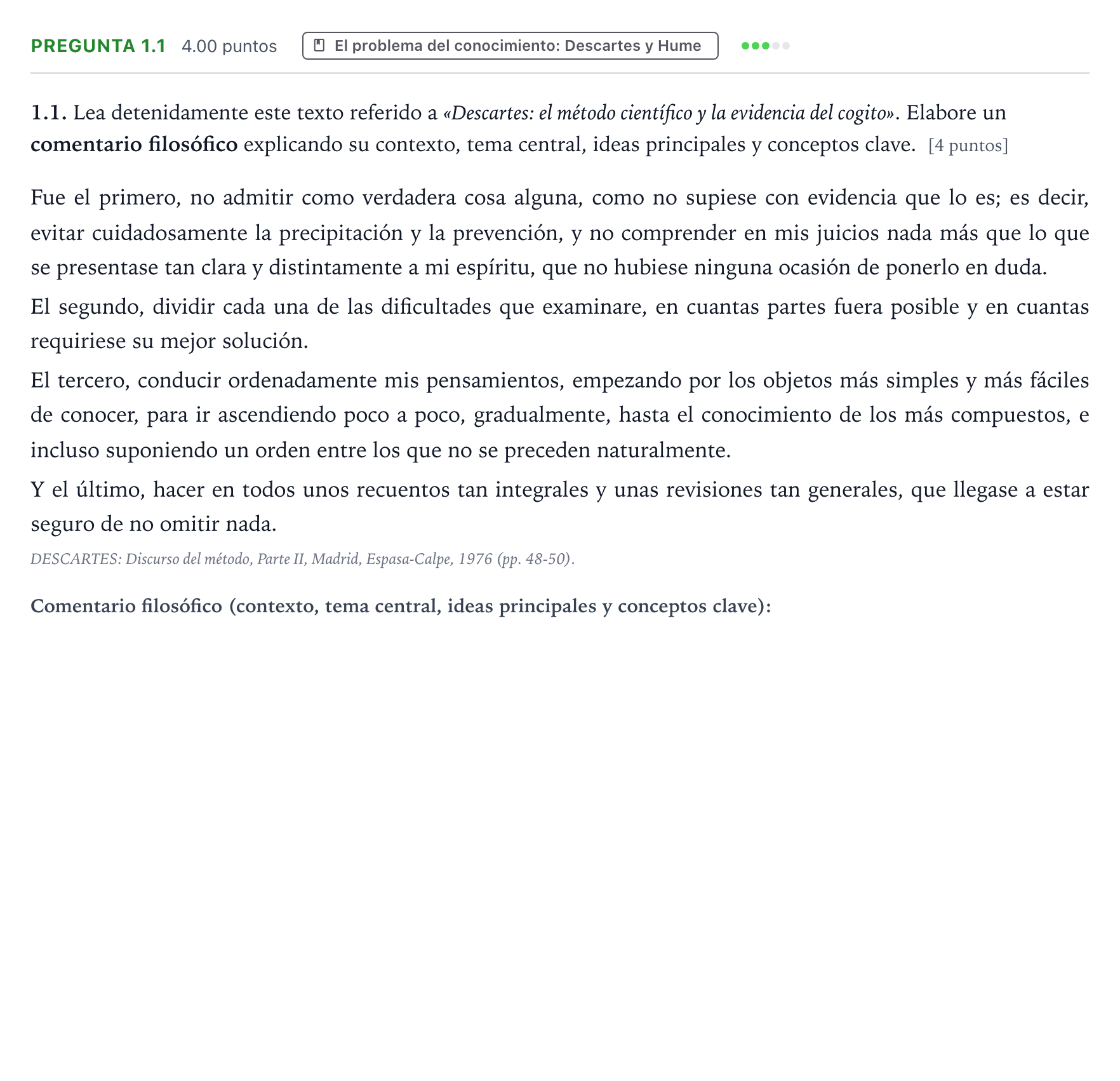 Enunciado: Pregunta 1.1 · Historia de la Filosofía PAU Galicia Extraordinaria 2026