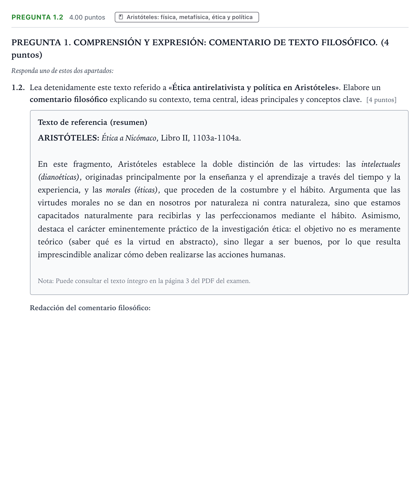 Enunciado: Pregunta 1.2 · Historia de la Filosofía PAU Galicia Extraordinaria 2026