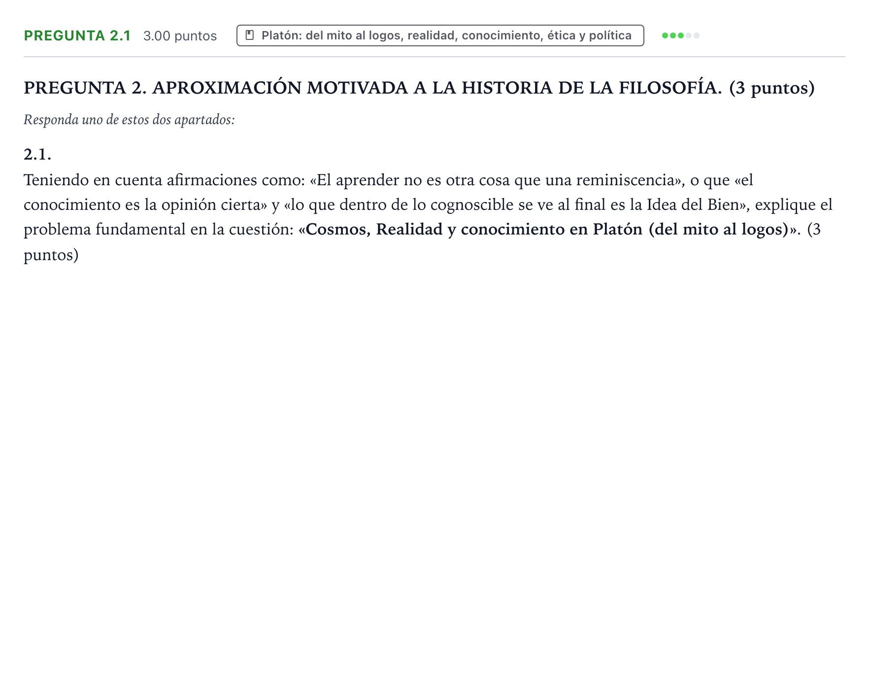 Enunciado: Pregunta 2.1 · Historia de la Filosofía PAU Galicia Extraordinaria 2026