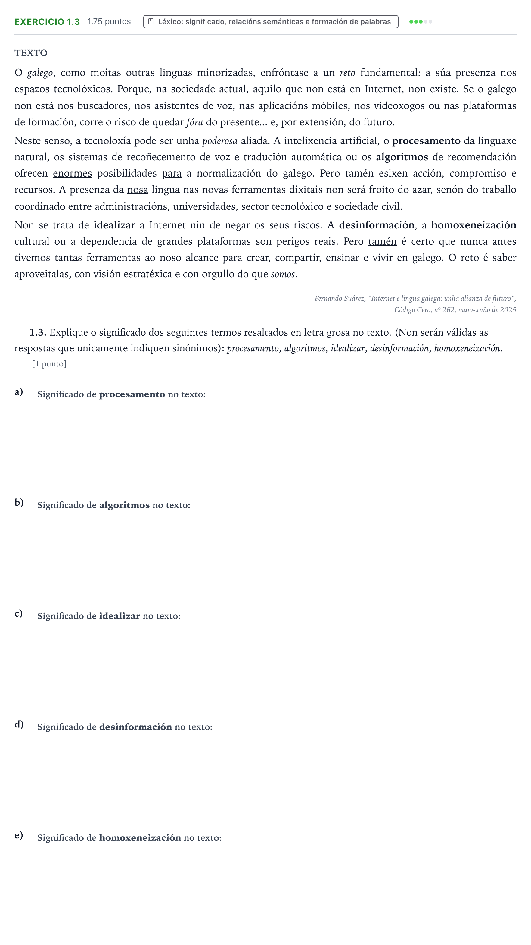 Enunciado: Ejercicio 1.3 - Léxico · Lingua Galega e Literatura II PAU Galicia Extraordinaria 2026