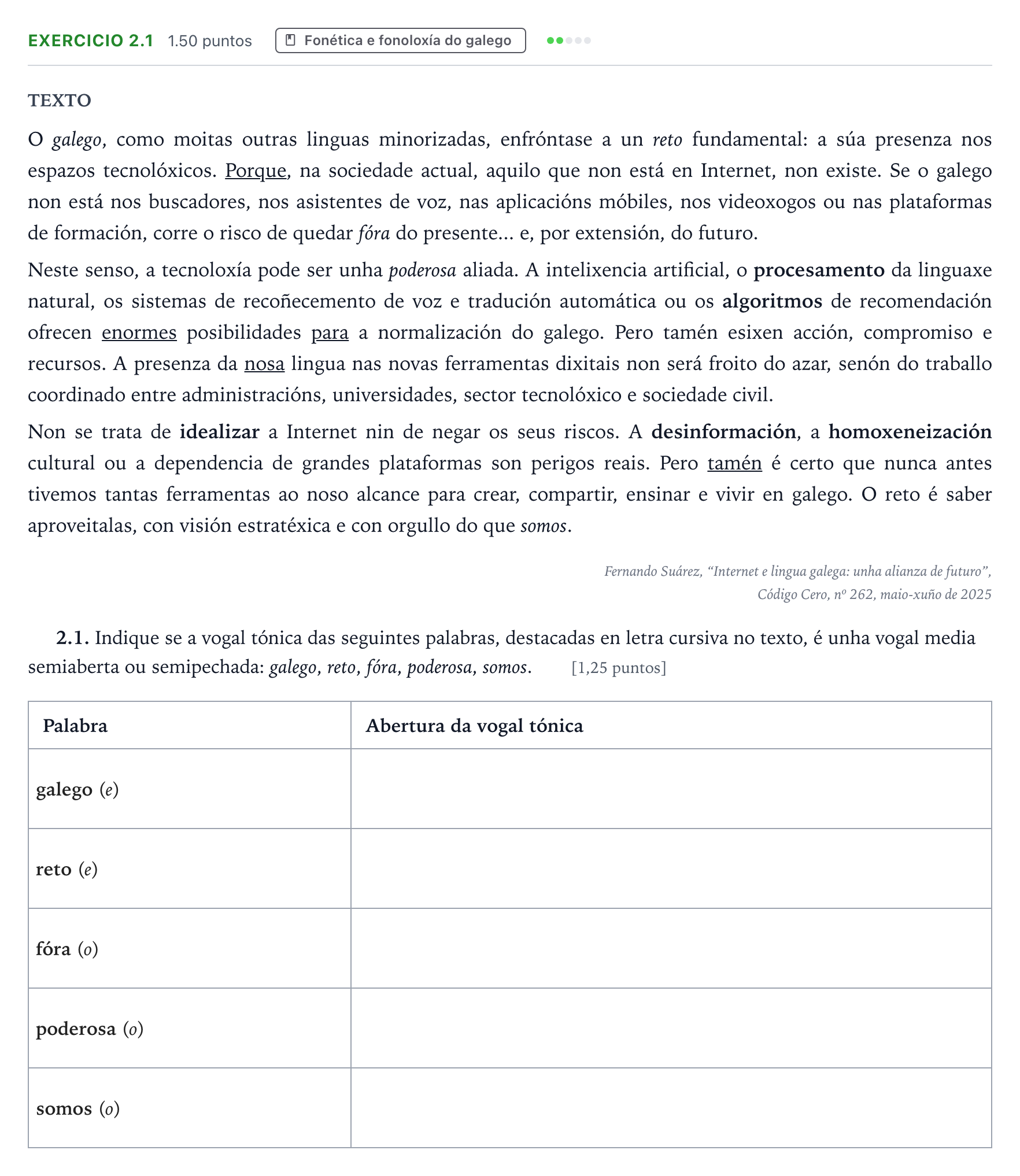 Enunciado: Ejercicio 2.1 · Lingua Galega e Literatura II PAU Galicia Extraordinaria 2026