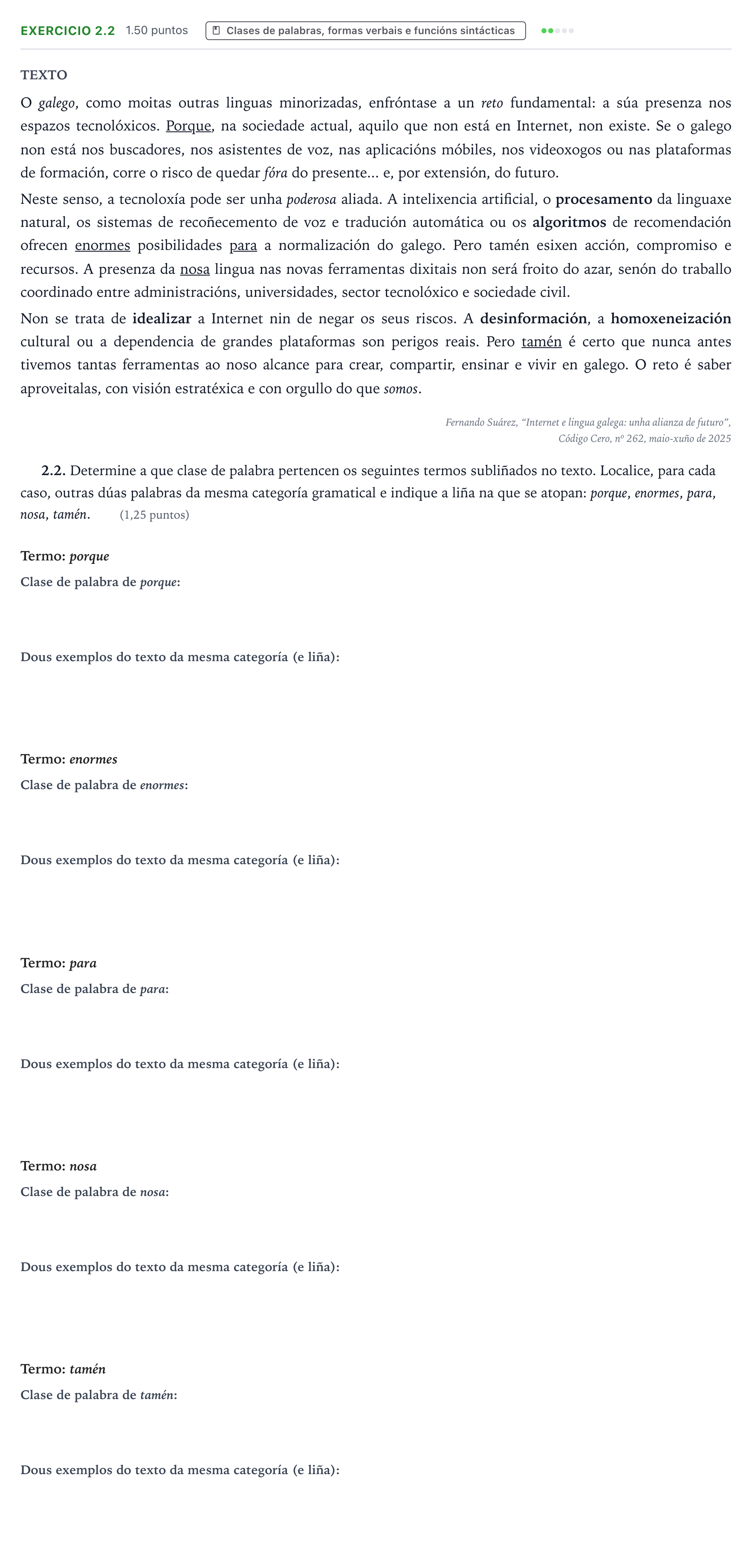 Enunciado: Ejercicio 2.2 · Lingua Galega e Literatura II PAU Galicia Extraordinaria 2026