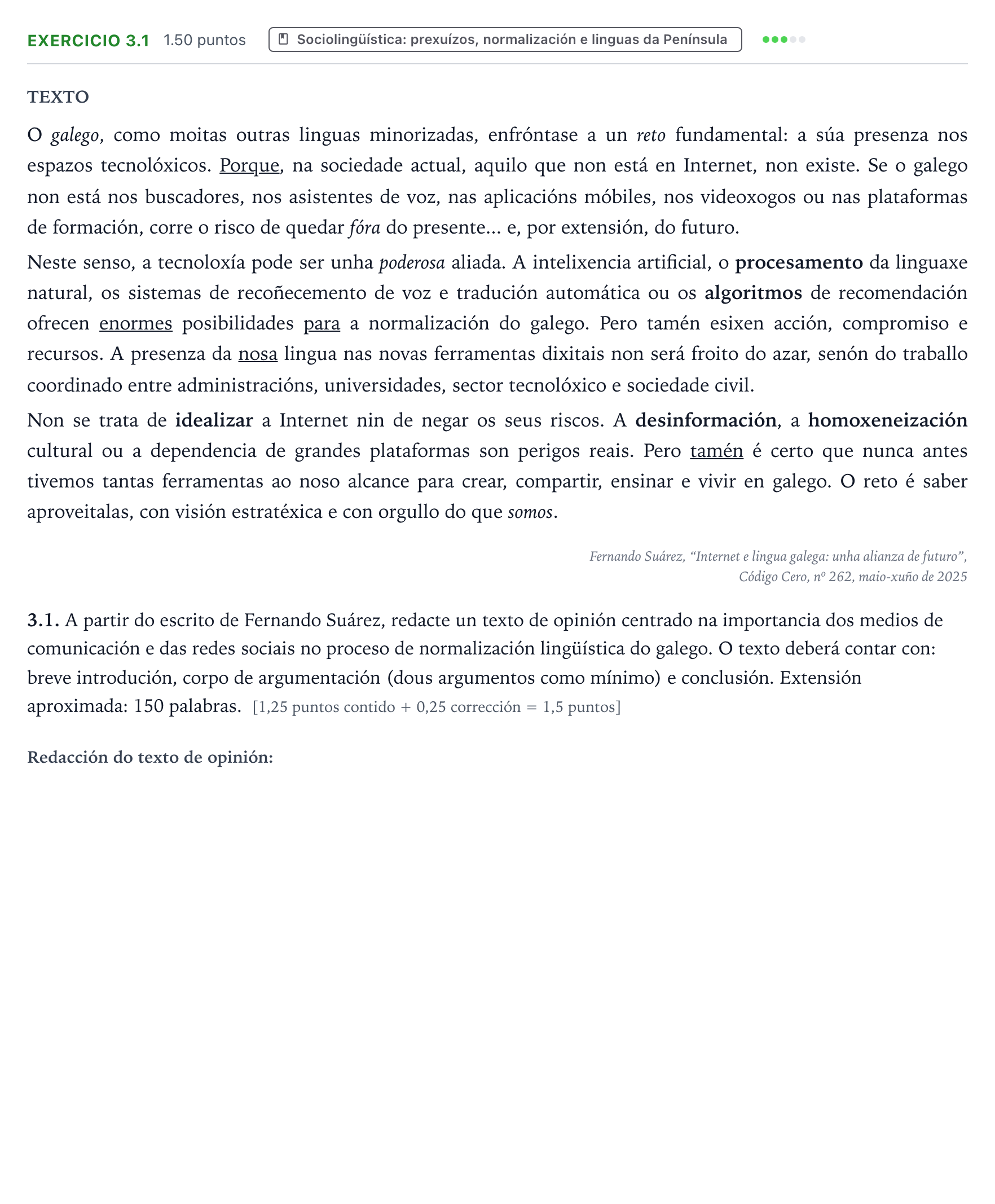 Enunciado: Ejercicio 3.1 · Lingua Galega e Literatura II PAU Galicia Extraordinaria 2026