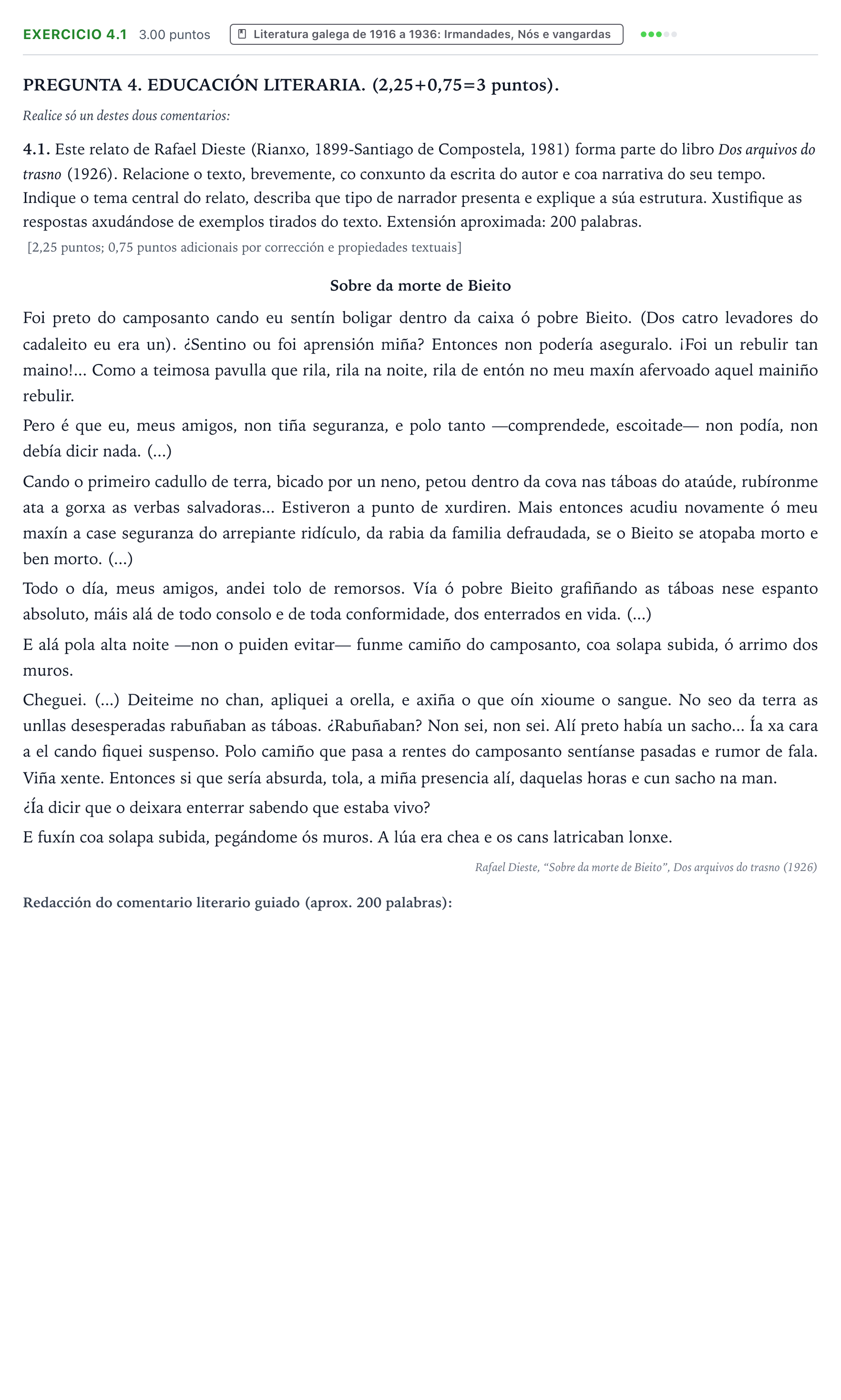 Enunciado: Ejercicio 4.1 · Lingua Galega e Literatura II PAU Galicia Extraordinaria 2026