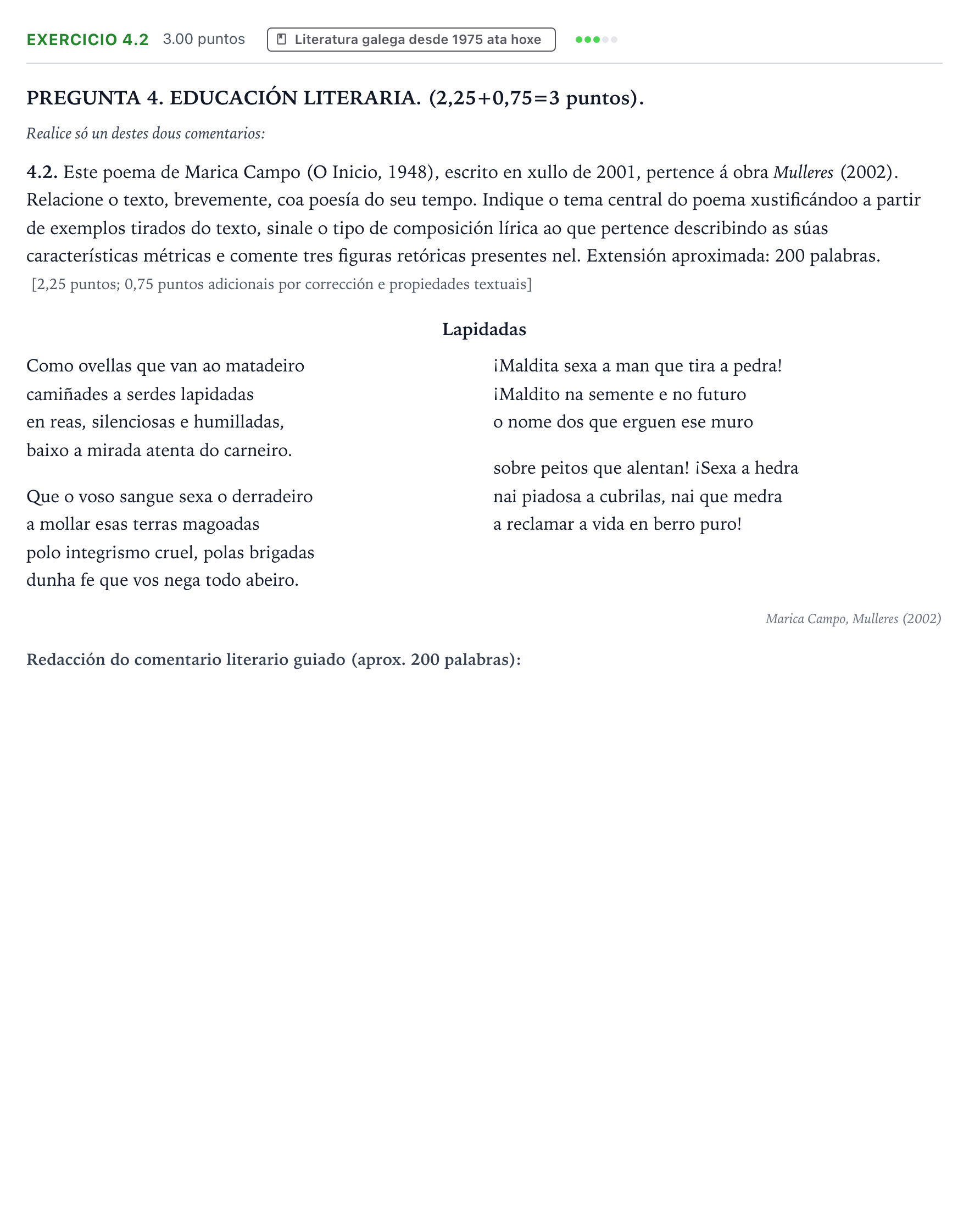 Enunciado: Ejercicio 4.2 · Lingua Galega e Literatura II PAU Galicia Extraordinaria 2026