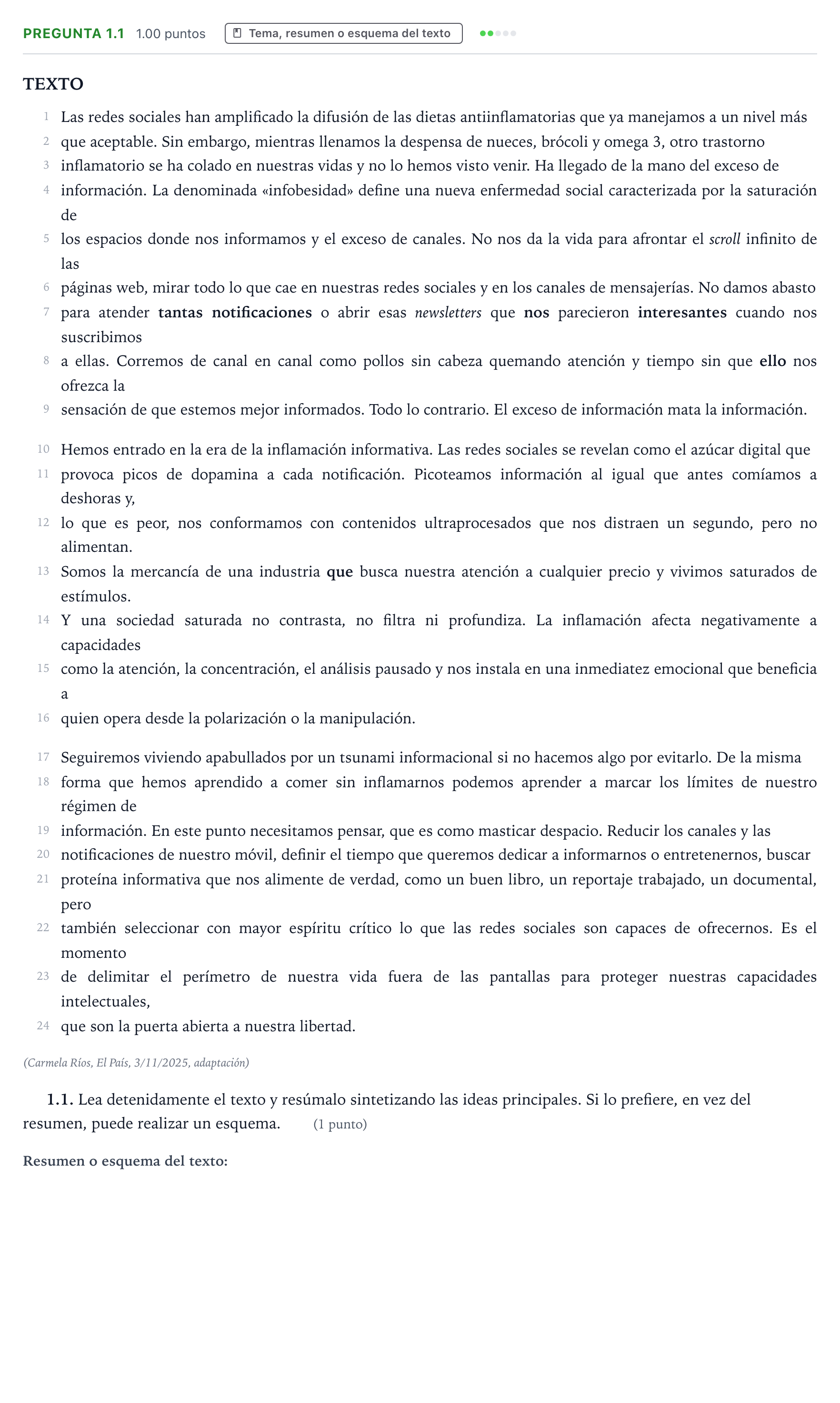Enunciado: Pregunta 1.1 · Lengua Castellana y Literatura II PAU Galicia Extraordinaria 2026