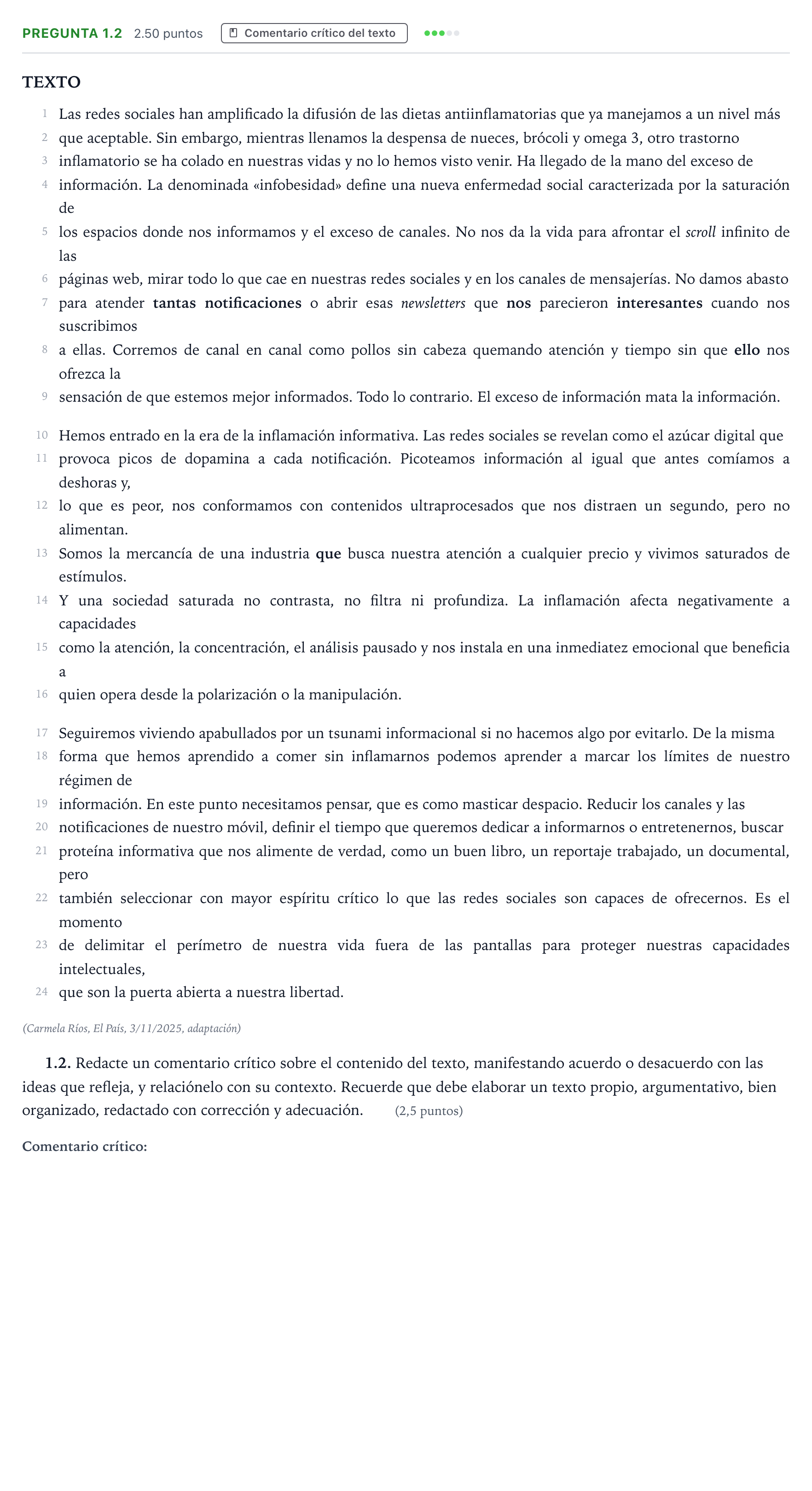 Enunciado: Pregunta 1.2 · Lengua Castellana y Literatura II PAU Galicia Extraordinaria 2026