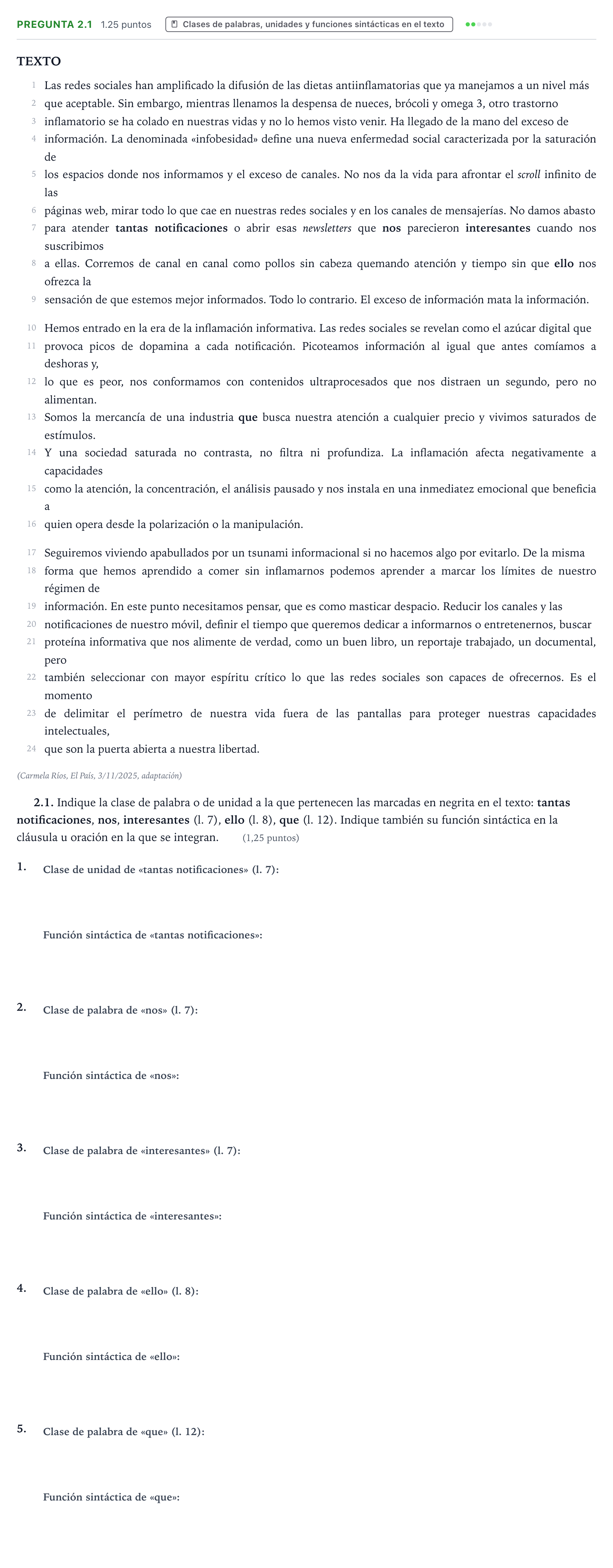 Enunciado: Pregunta 2.1 · Lengua Castellana y Literatura II PAU Galicia Extraordinaria 2026