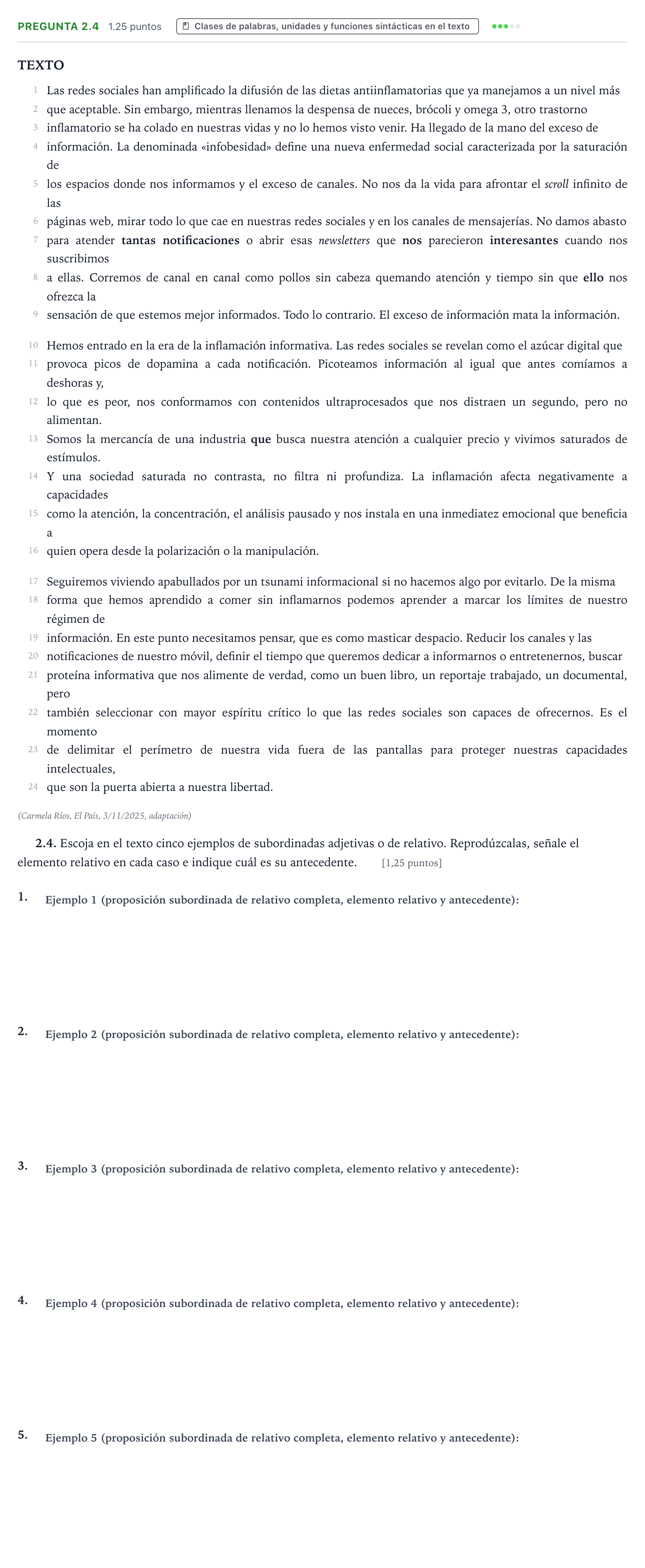 Enunciado: Pregunta 2.4 · Lengua Castellana y Literatura II PAU Galicia Extraordinaria 2026