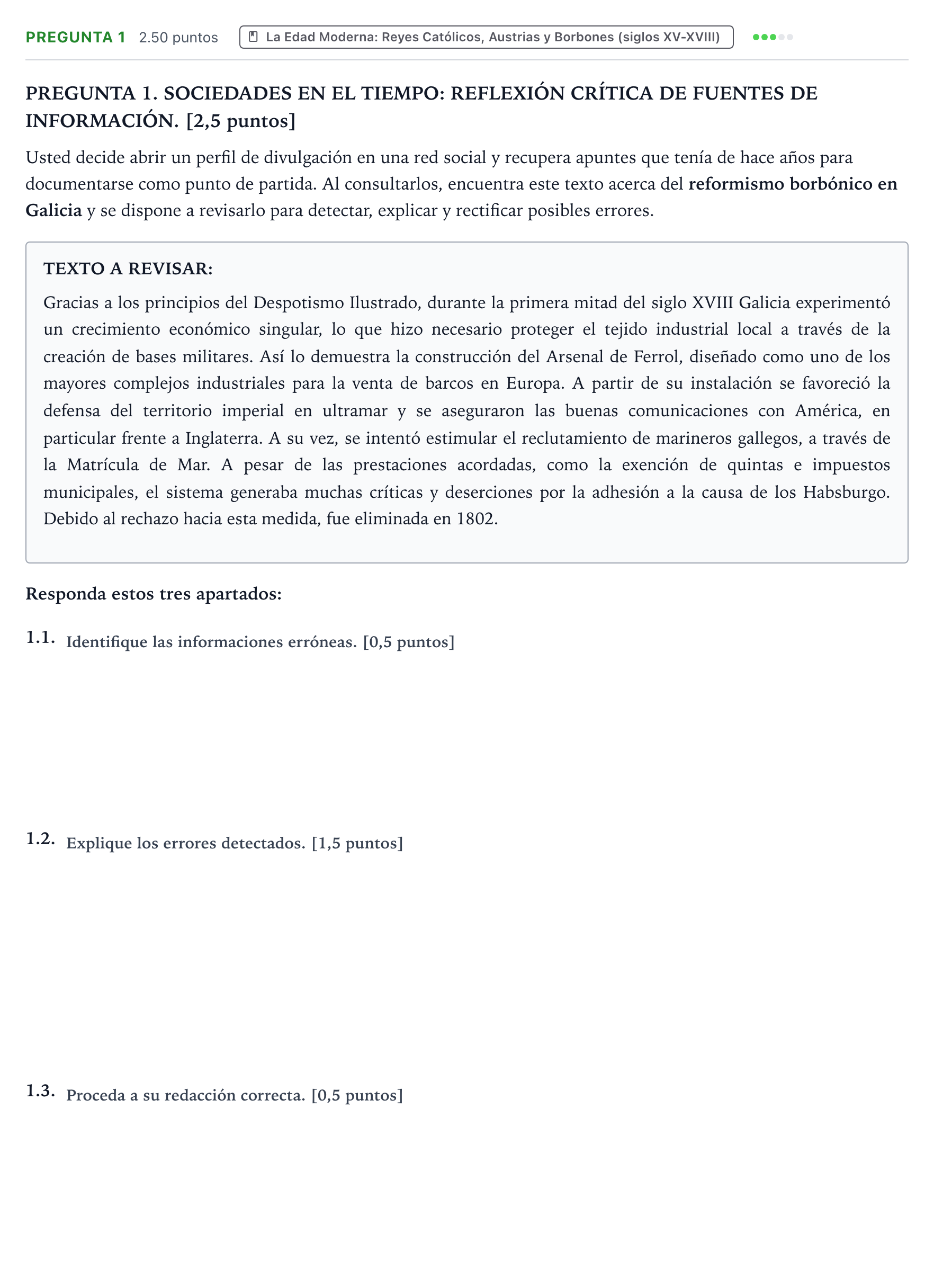 Enunciado: Pregunta 1 · Historia de España PAU Galicia Extraordinaria 2026
