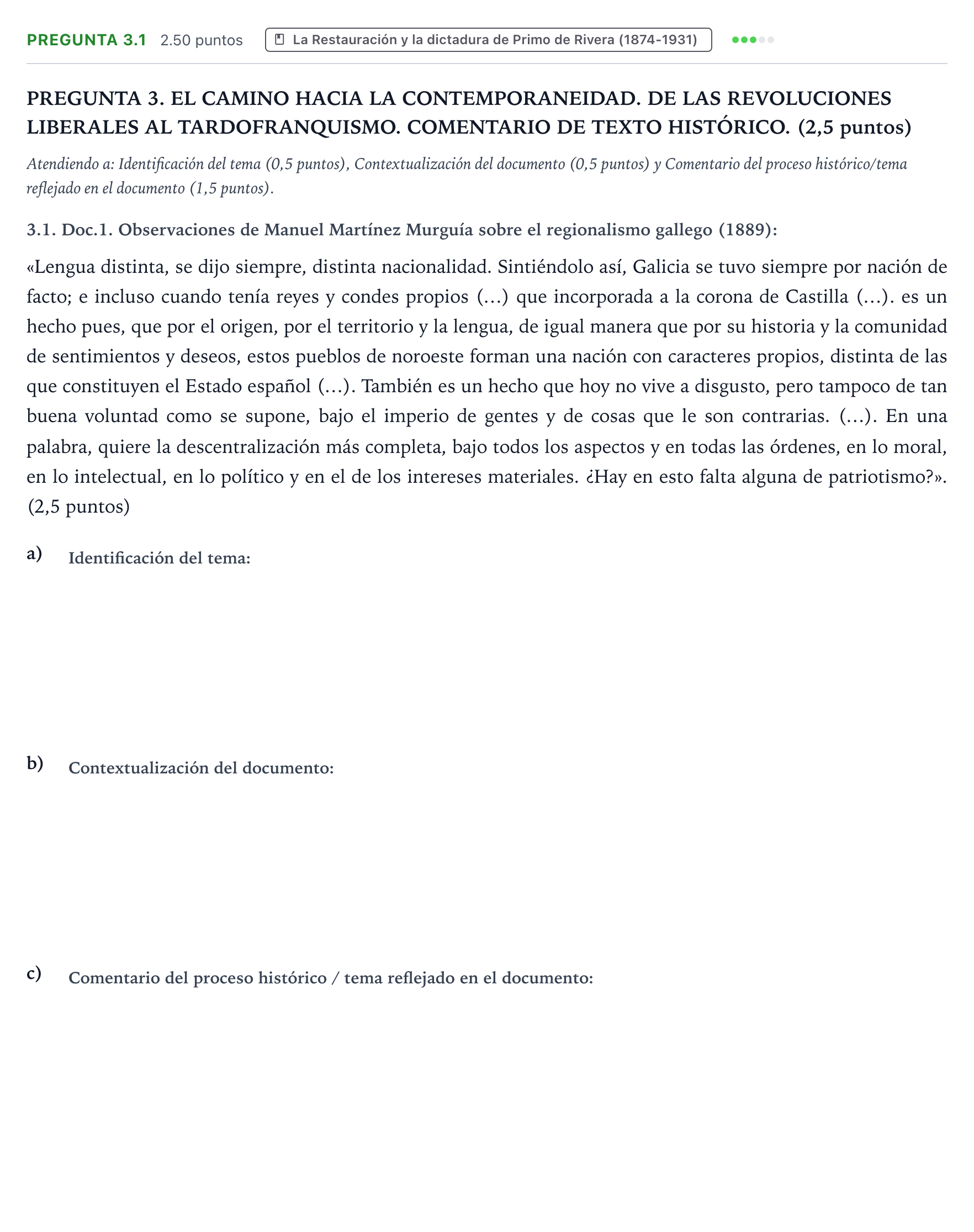 Enunciado: Pregunta 3.1 · Historia de España PAU Galicia Extraordinaria 2026