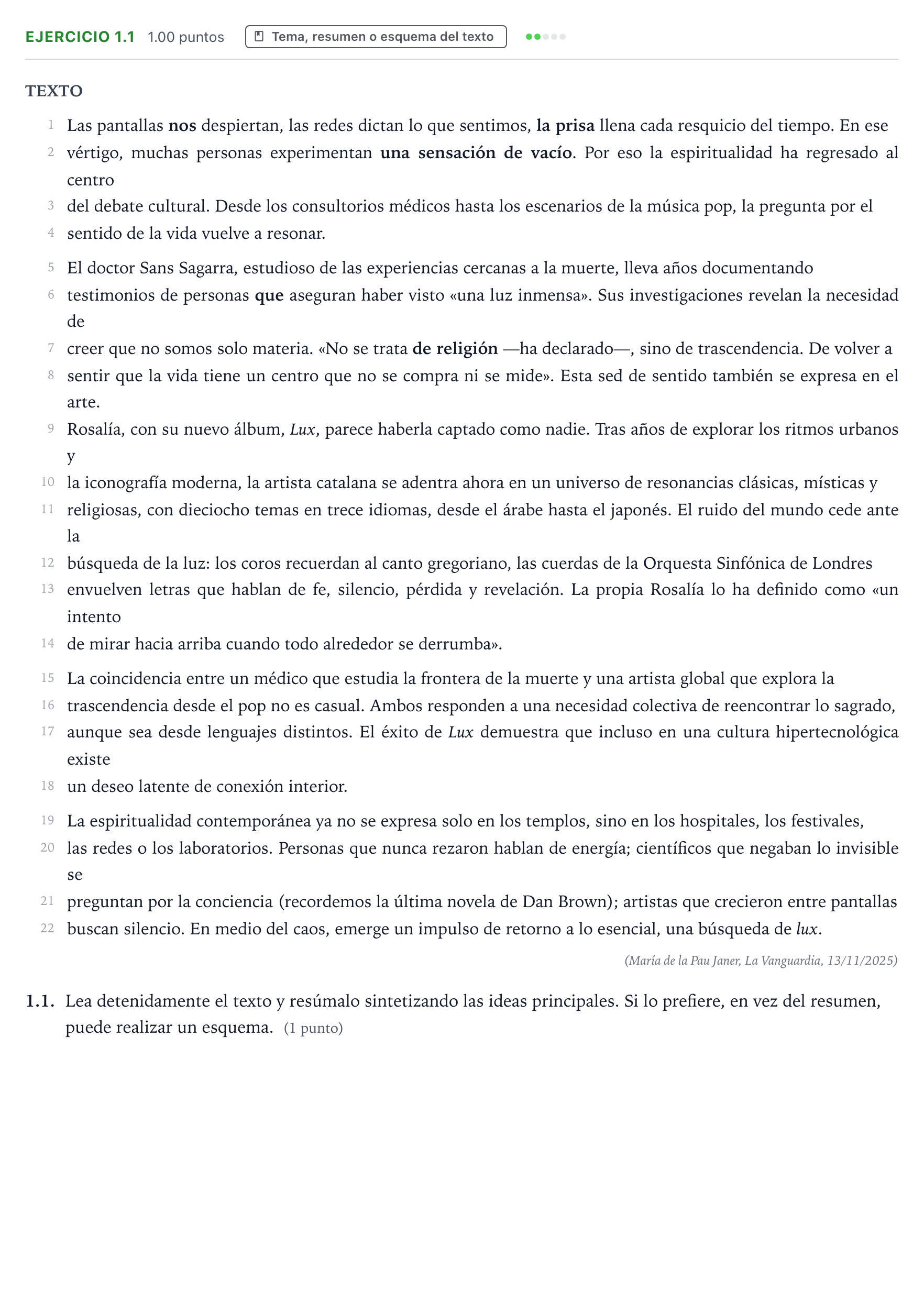 Enunciado: Ejercicio 1.1 · Lengua Castellana y Literatura II PAU Galicia Ordinaria 2026