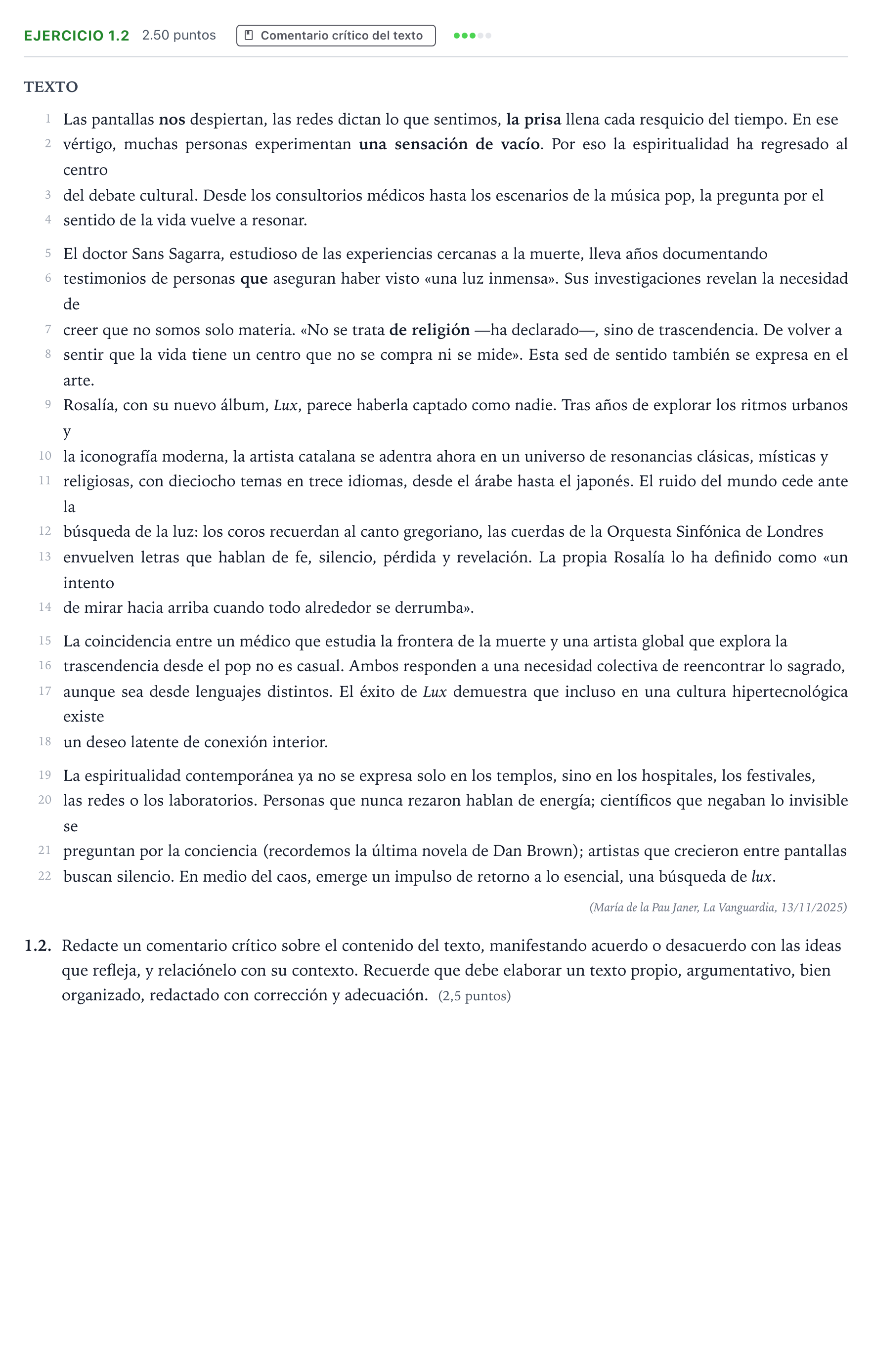 Enunciado: Ejercicio 1.2 · Lengua Castellana y Literatura II PAU Galicia Ordinaria 2026