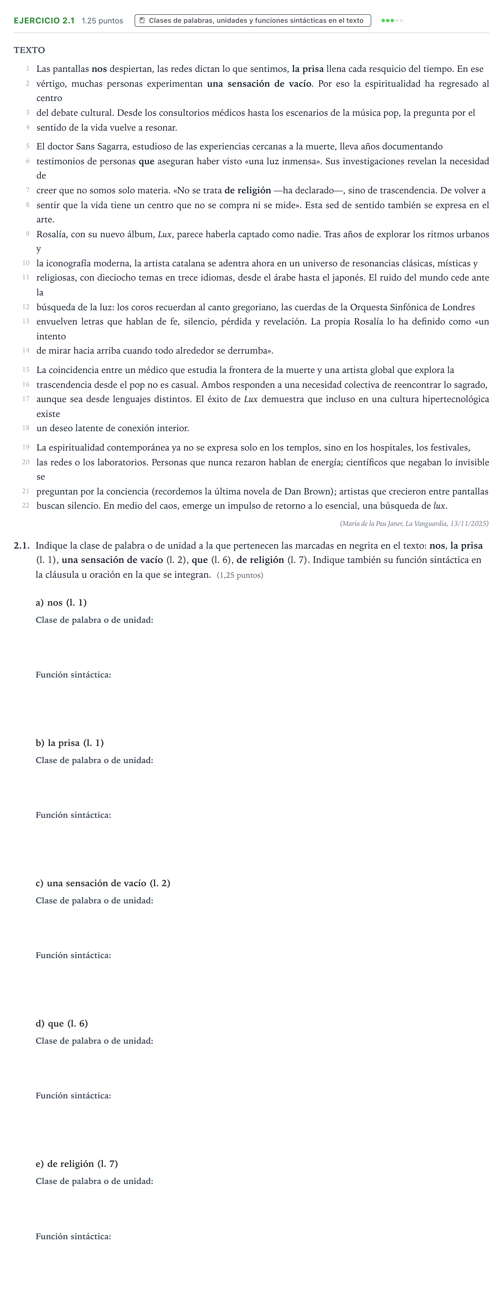 Enunciado: Ejercicio 2.1 · Lengua Castellana y Literatura II PAU Galicia Ordinaria 2026