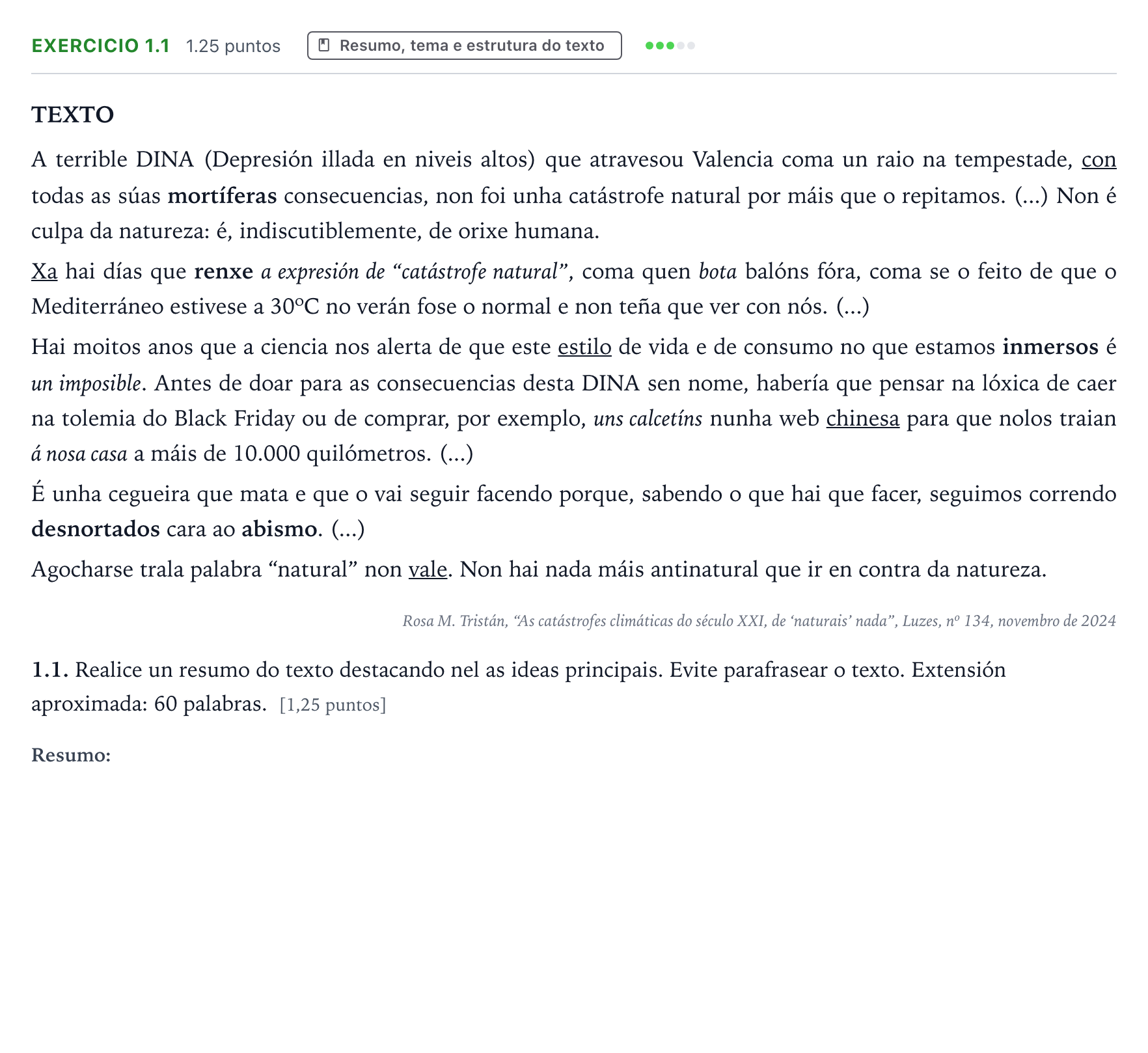 Enunciado: Ejercicio 1.1 · Lingua Galega e Literatura II PAU Galicia Ordinaria 2026
