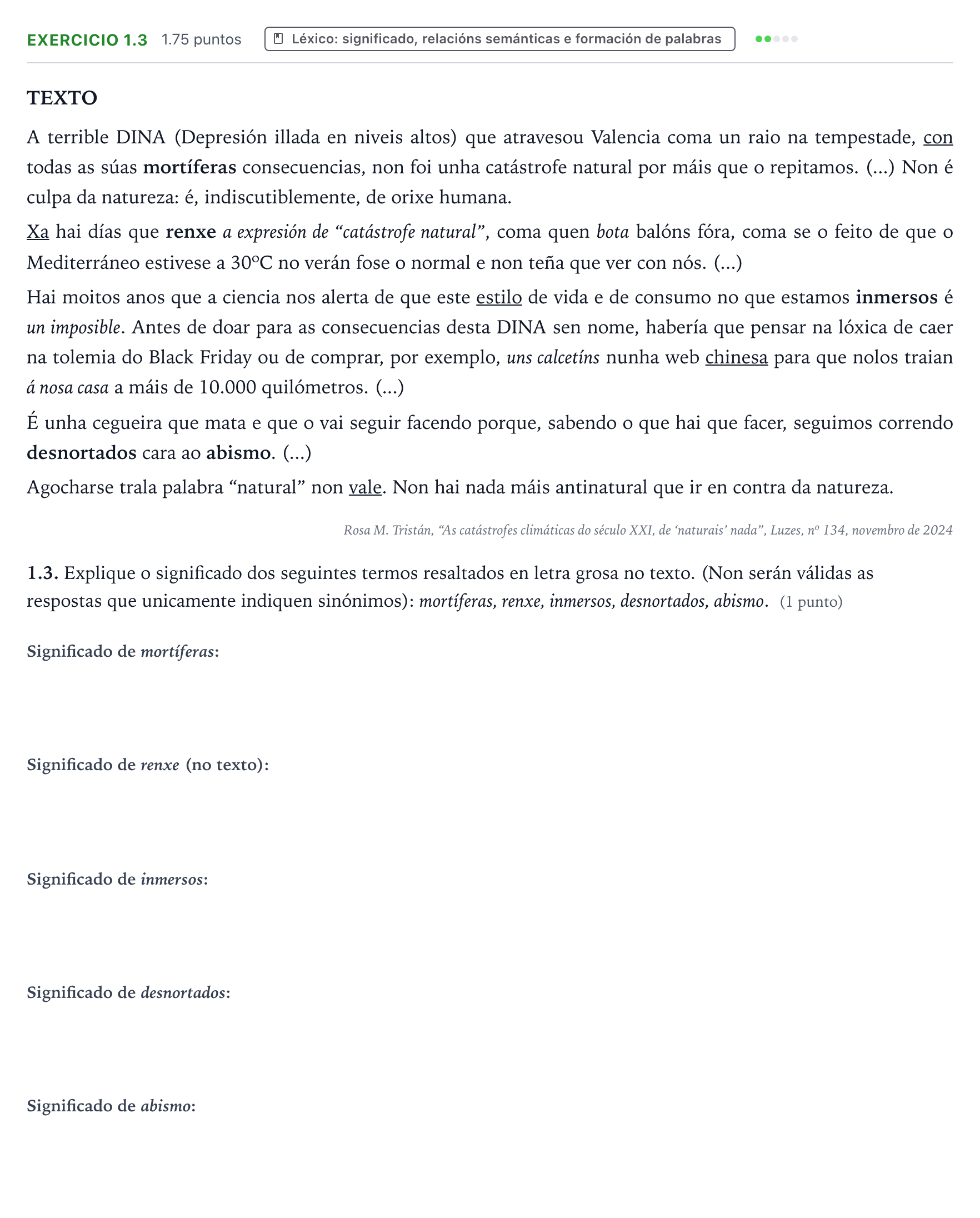 Enunciado: Ejercicio 1.3 · Lingua Galega e Literatura II PAU Galicia Ordinaria 2026