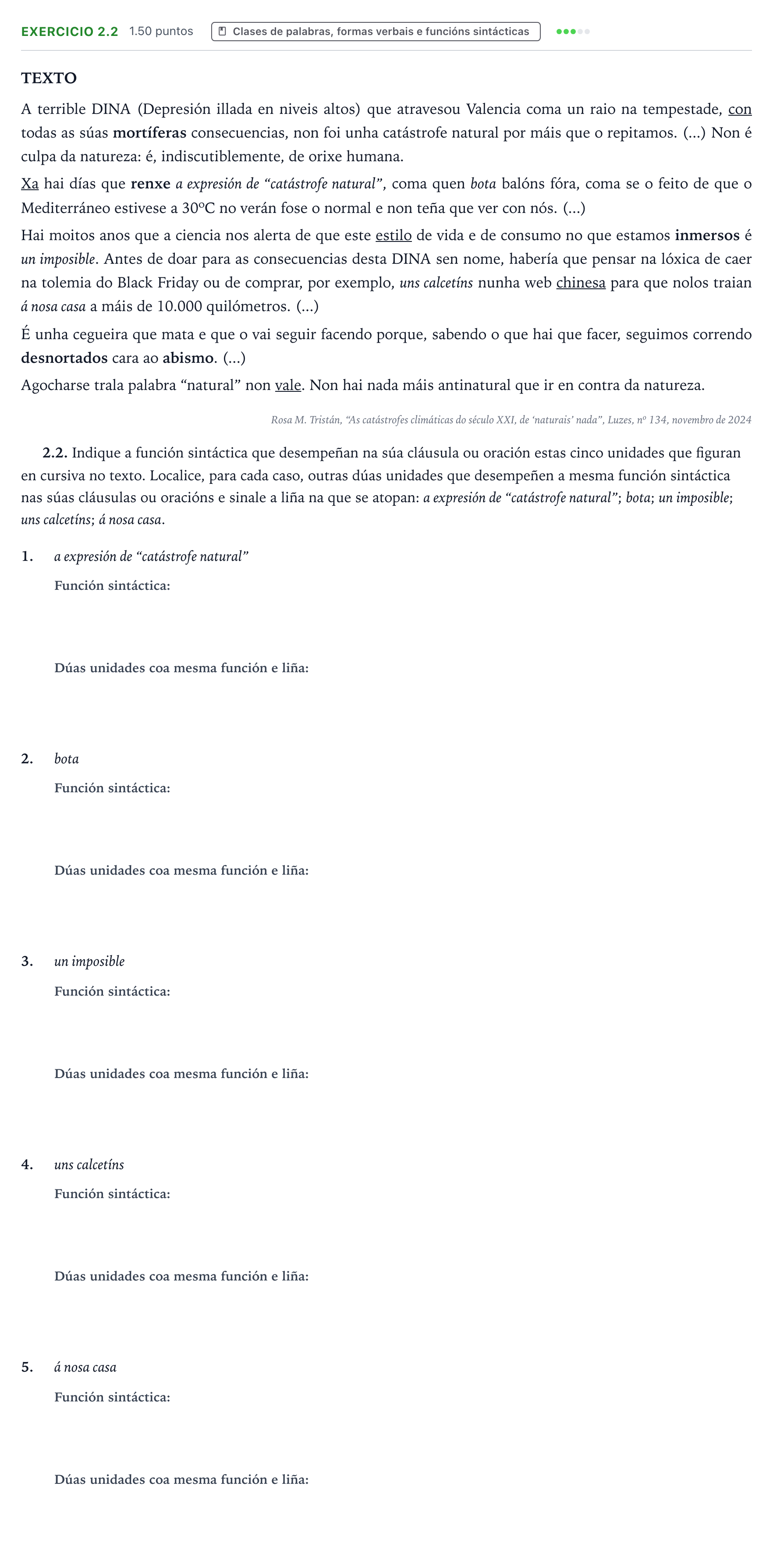 Enunciado: Ejercicio 2.2 · Lingua Galega e Literatura II PAU Galicia Ordinaria 2026