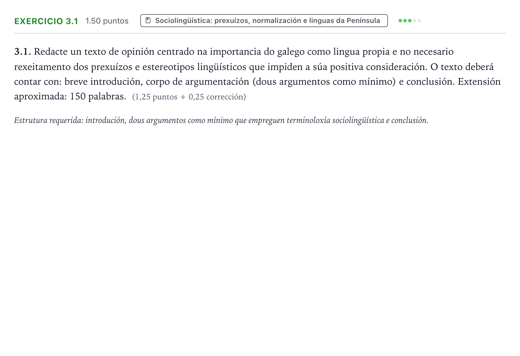 Enunciado: Ejercicio 3.1 · Lingua Galega e Literatura II PAU Galicia Ordinaria 2026