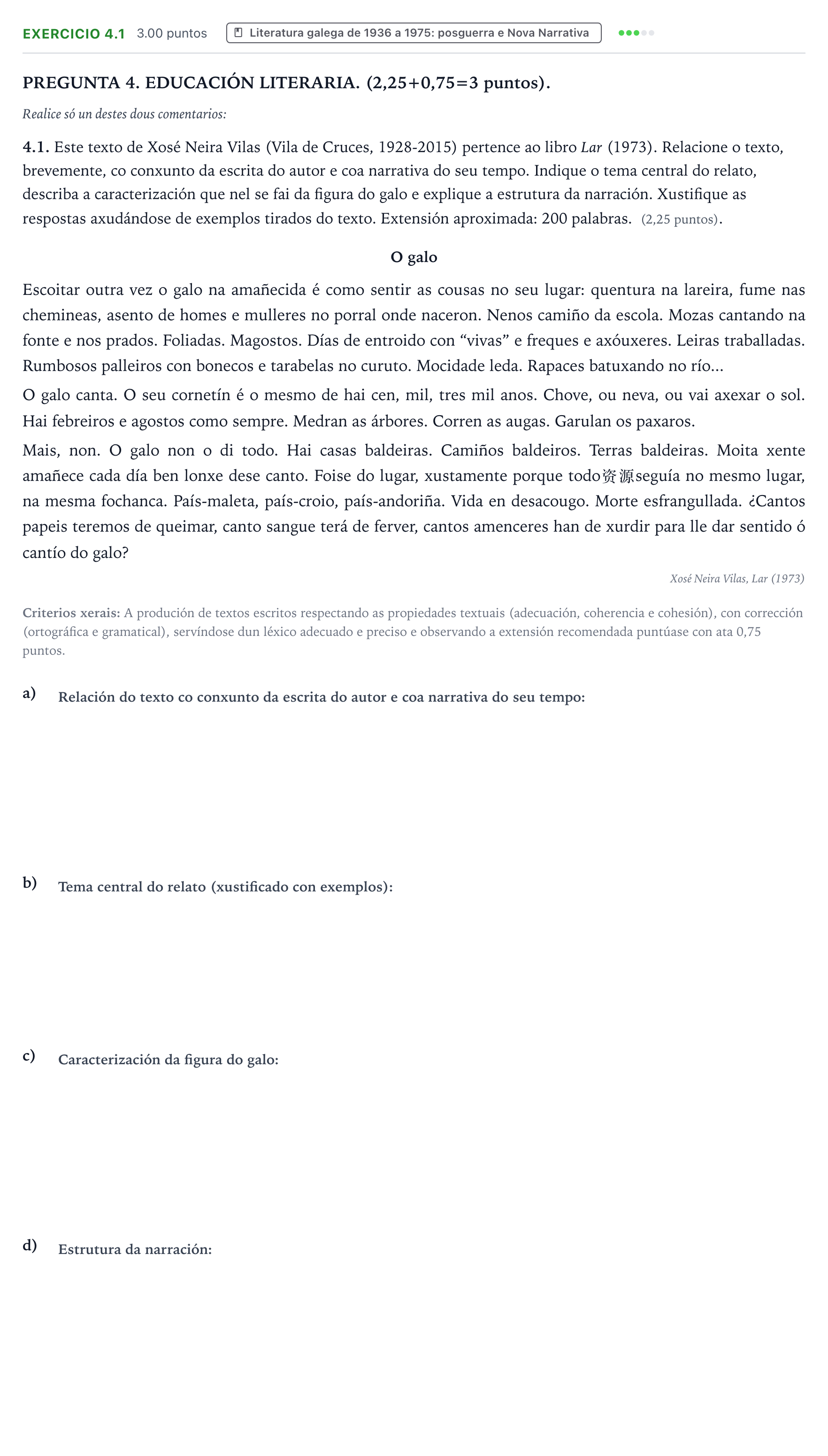 Enunciado: Ejercicio 4.1 · Lingua Galega e Literatura II PAU Galicia Ordinaria 2026