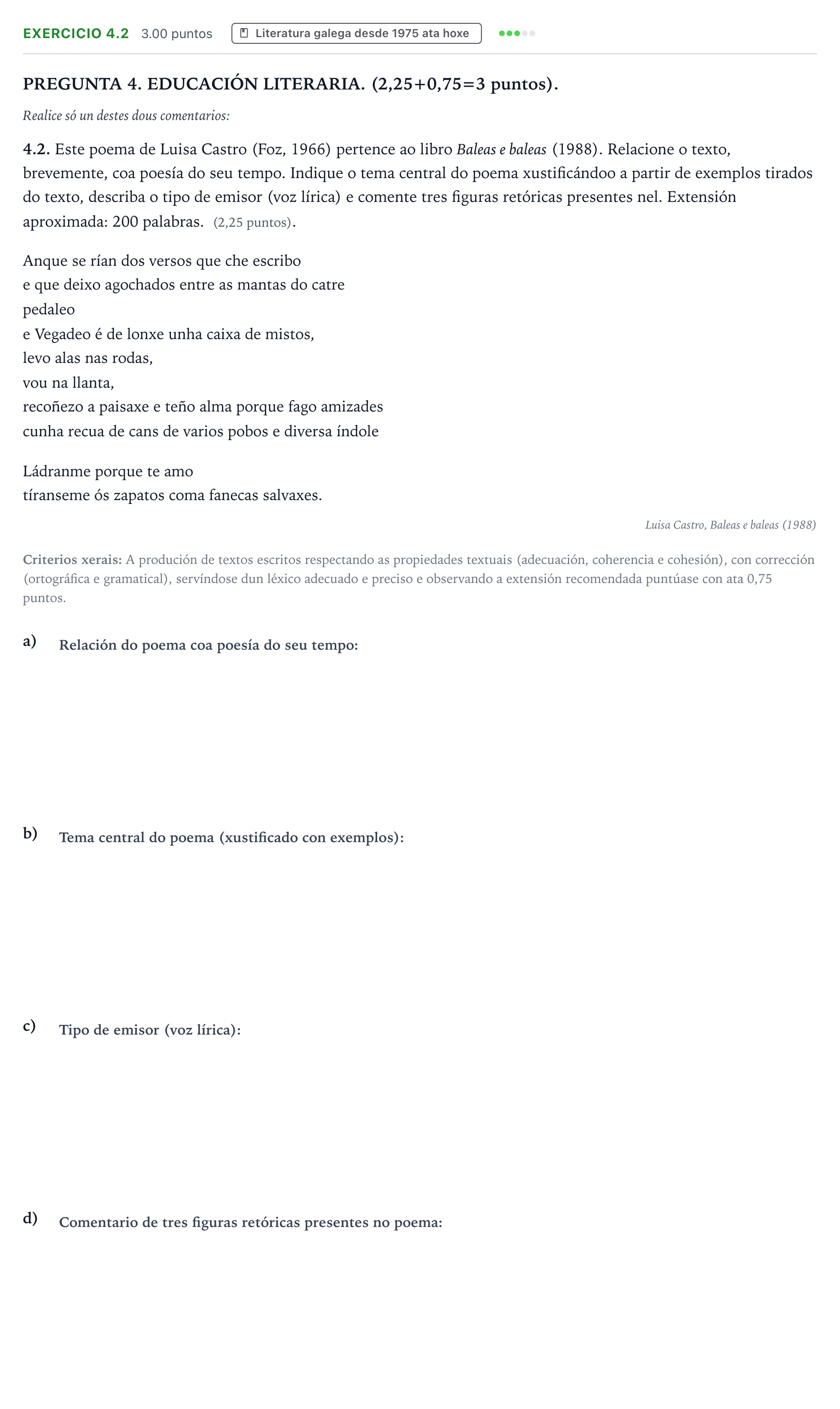 Enunciado: Ejercicio 4.2 · Lingua Galega e Literatura II PAU Galicia Ordinaria 2026