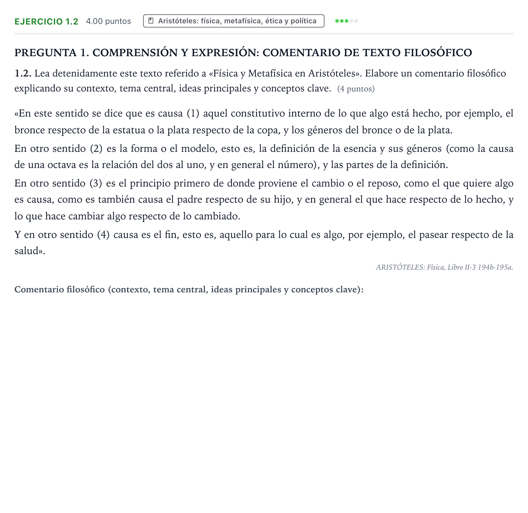 Enunciado: Ejercicio 1.2 · Historia de la Filosofía PAU Galicia Ordinaria 2026