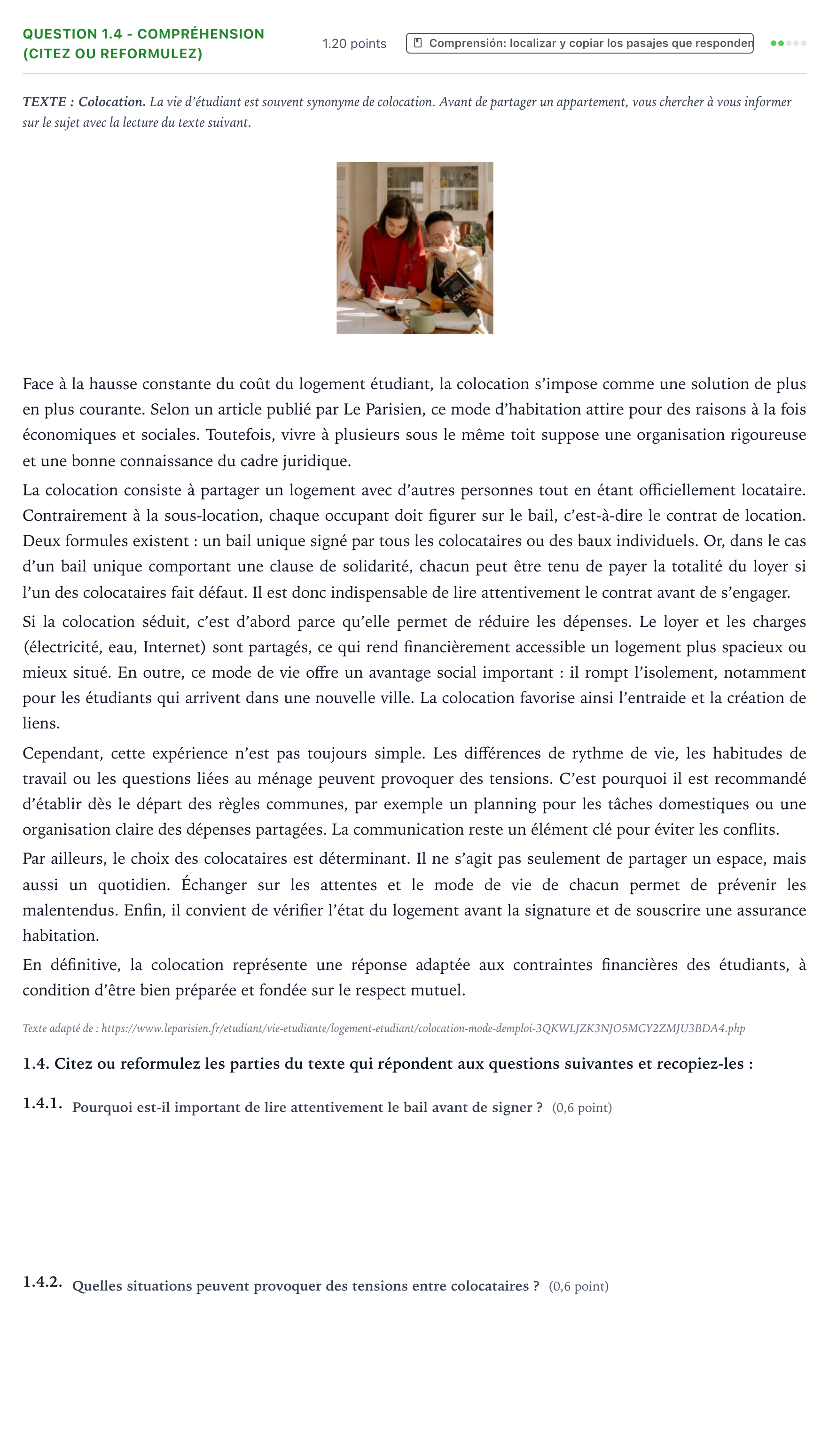 Enunciado: Question 1.4 - Compréhension (Citez ou reformulez) · Francés PAU Galicia Ordinaria 2026