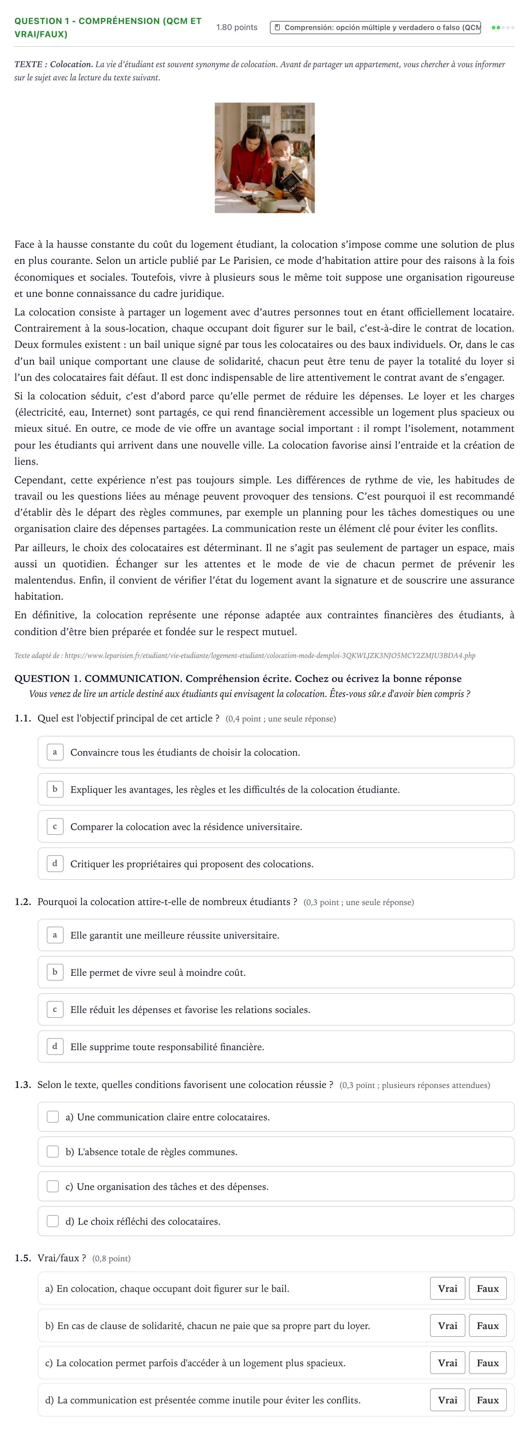 Enunciado: Question 1 - Compréhension (QCM et Vrai/Faux) · Francés PAU Galicia Ordinaria 2026