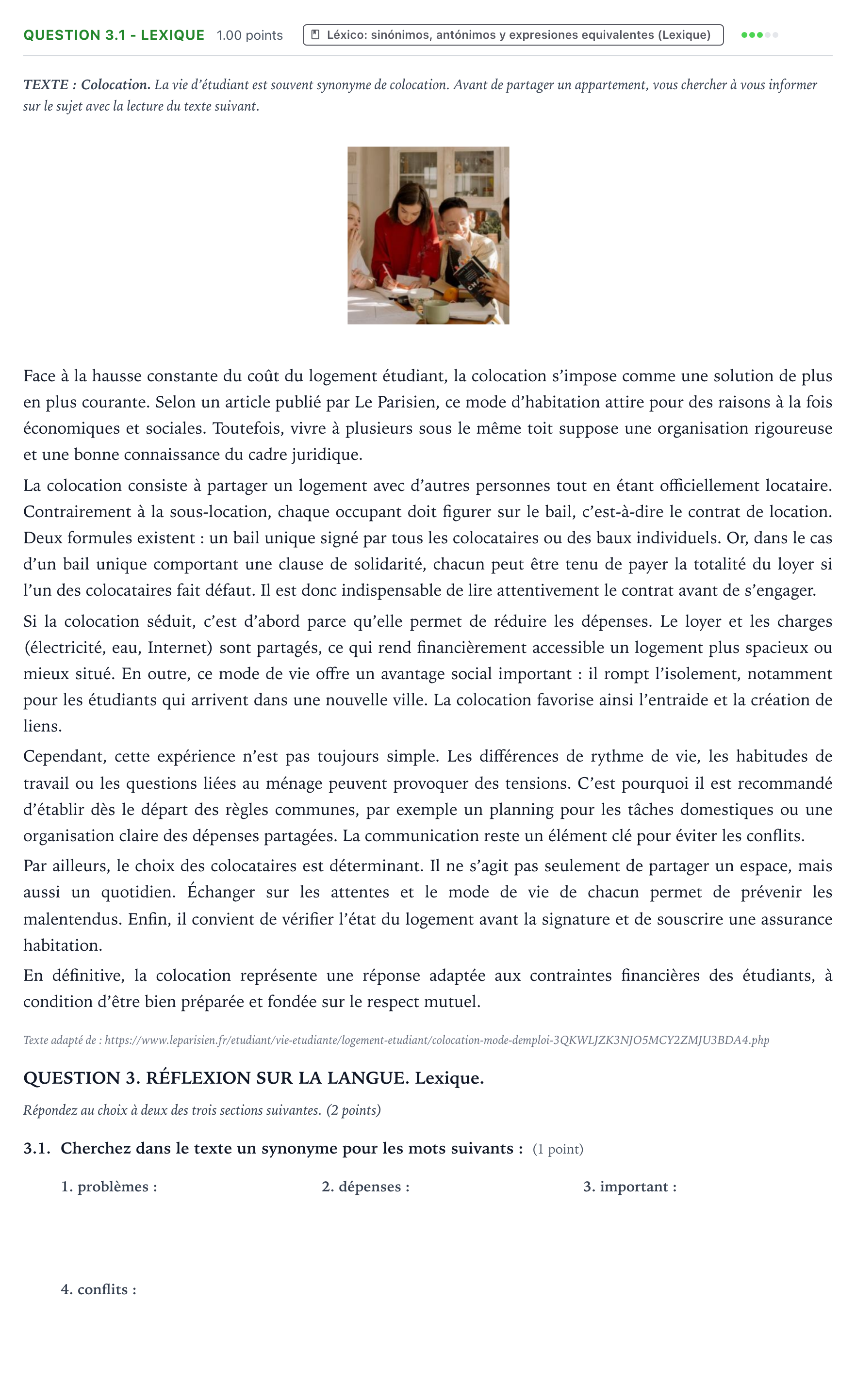 Enunciado: Question 3.1 - Lexique · Francés PAU Galicia Ordinaria 2026