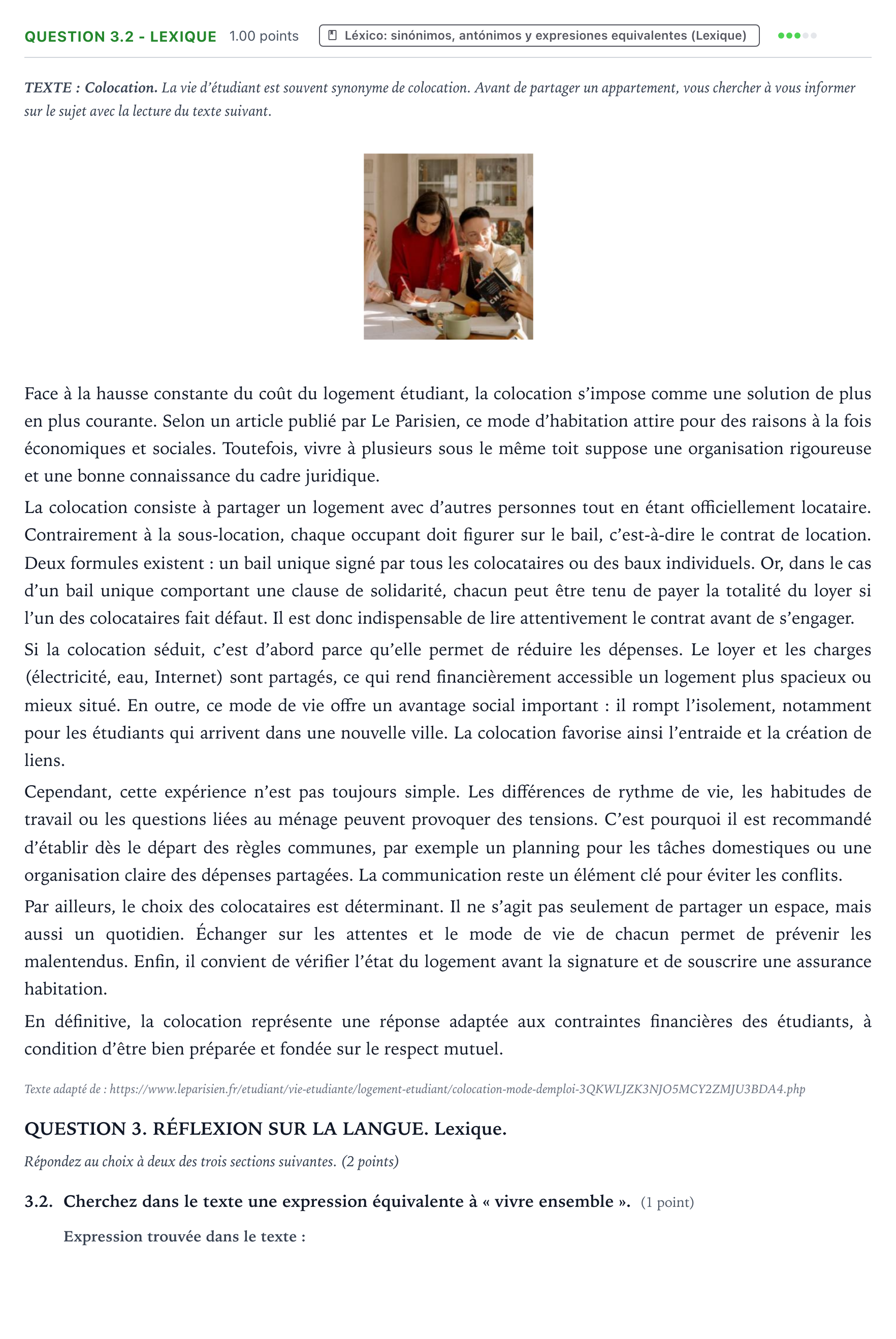 Enunciado: Question 3.2 - Lexique · Francés PAU Galicia Ordinaria 2026