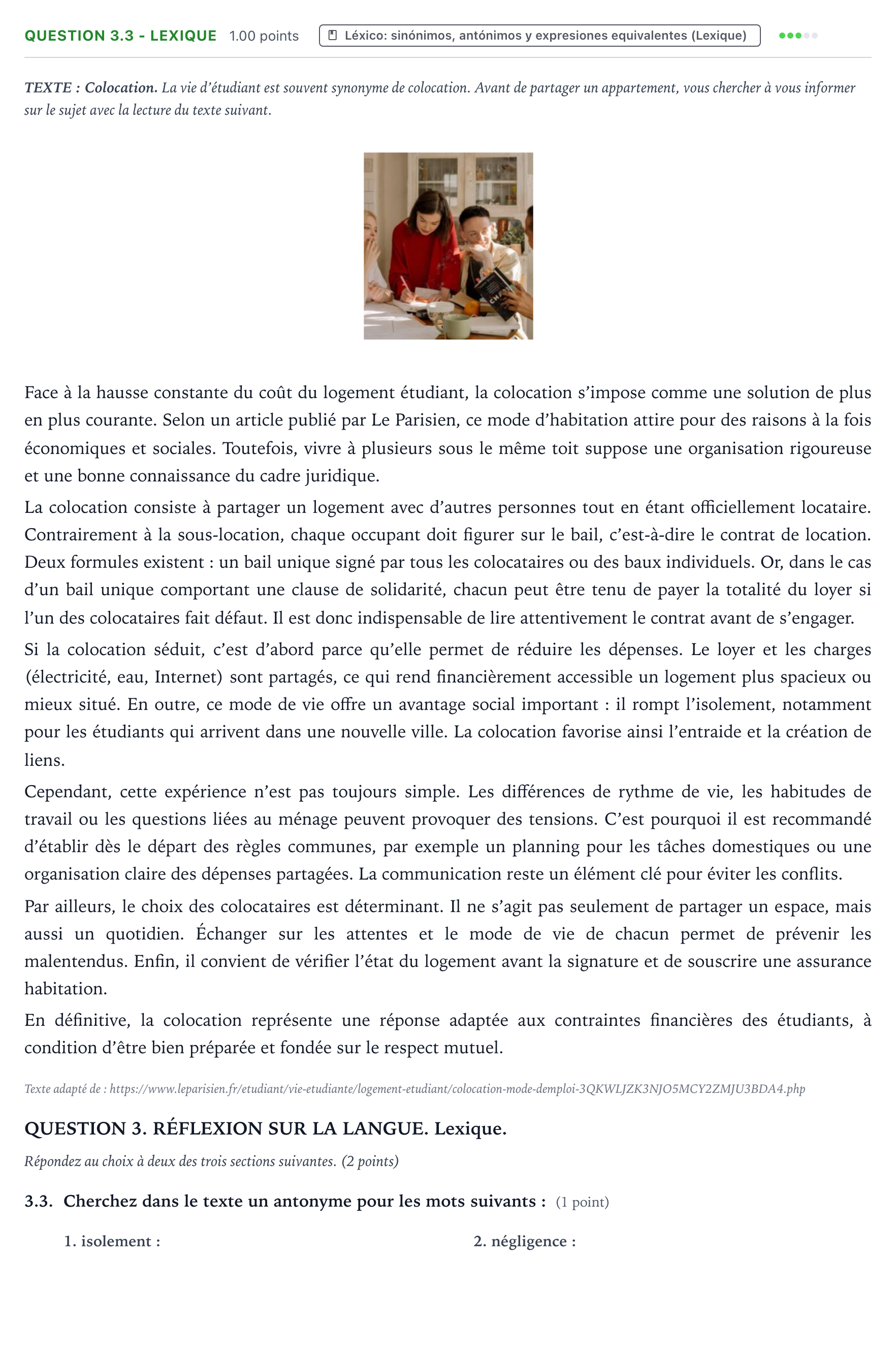 Enunciado: Question 3.3 - Lexique · Francés PAU Galicia Ordinaria 2026