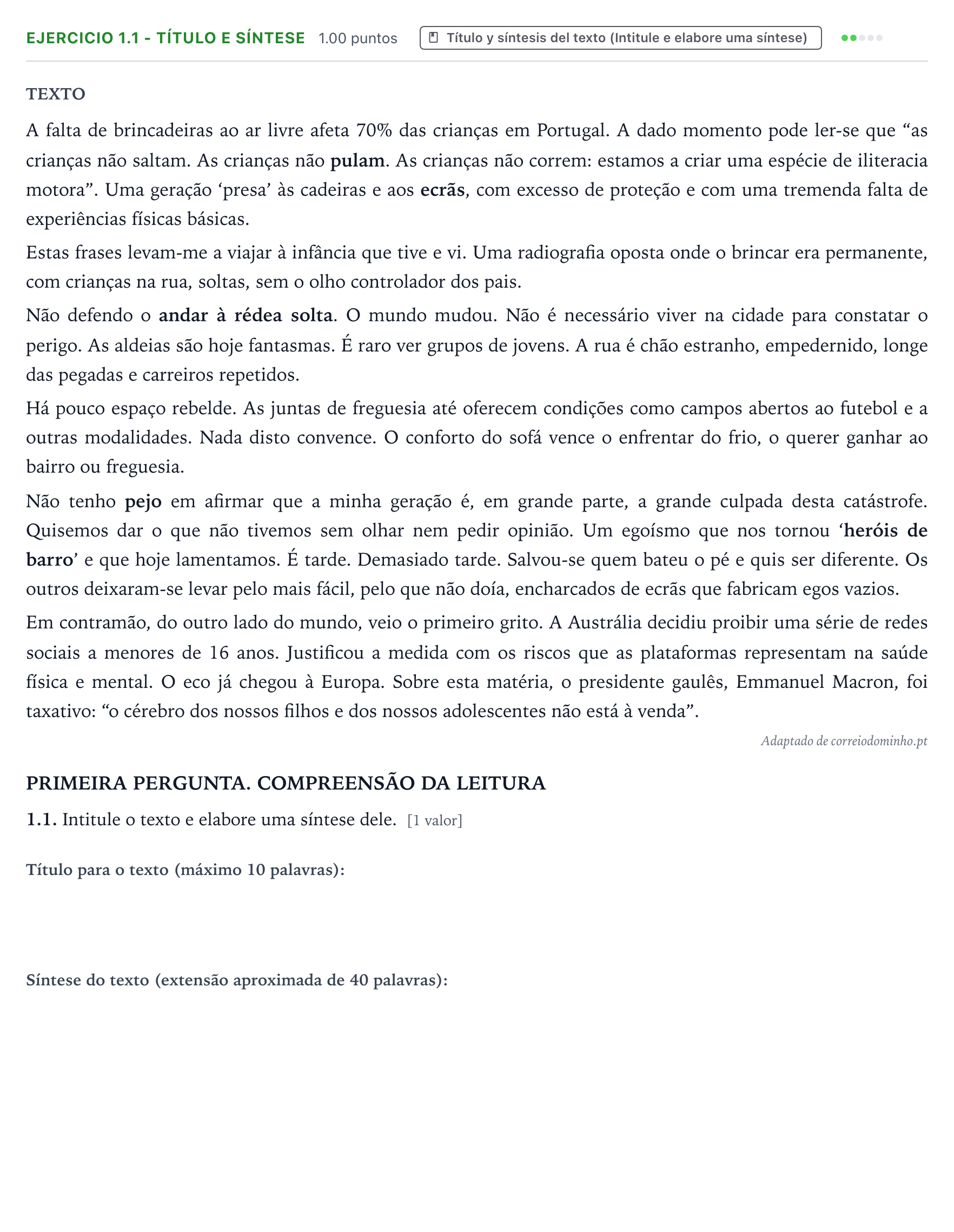 Enunciado: Ejercicio 1.1 - Título e síntese · Portugués PAU Galicia Extraordinaria 2026