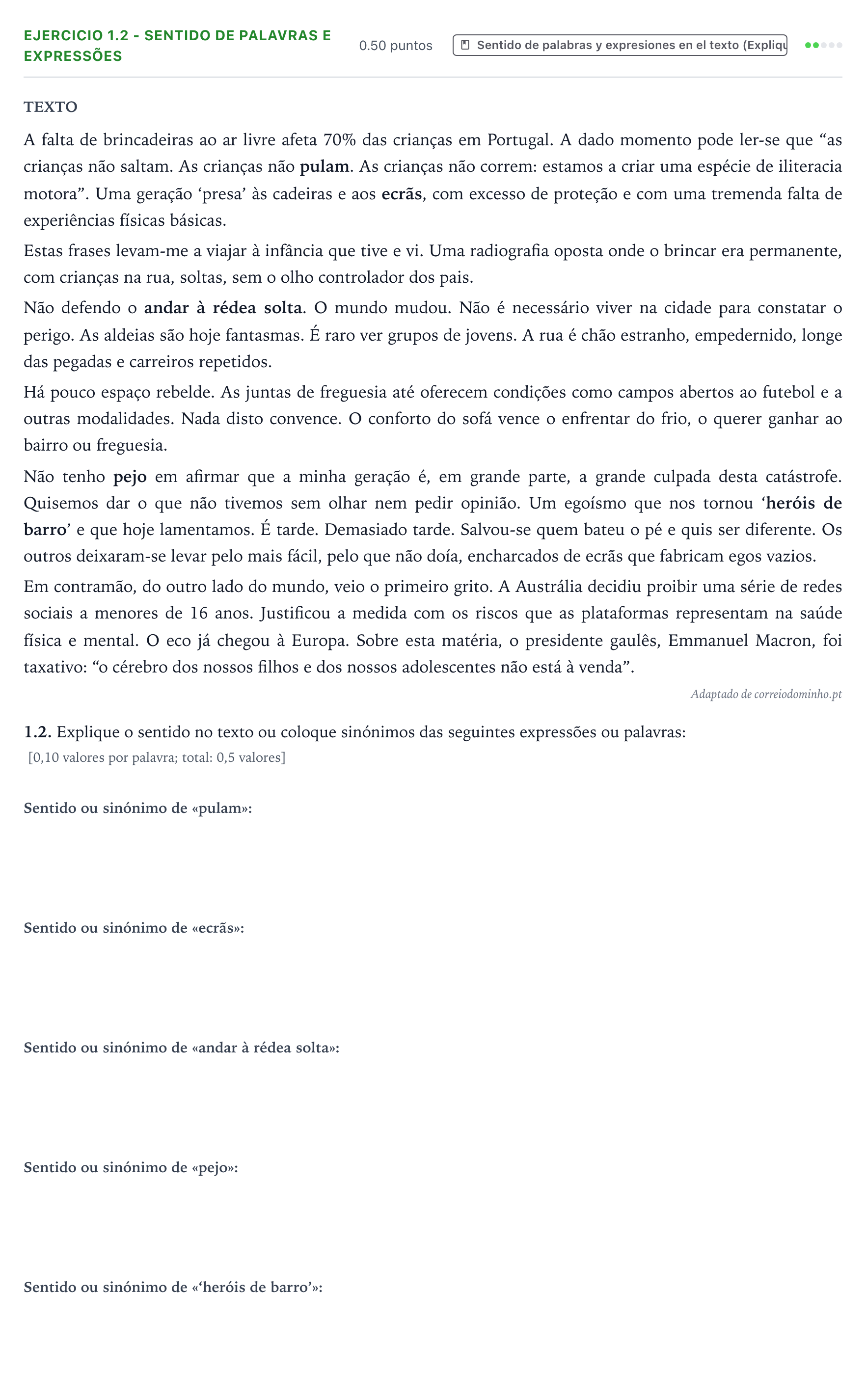 Enunciado: Ejercicio 1.2 - Sentido de palavras e expressões · Portugués PAU Galicia Extraordinaria 2026