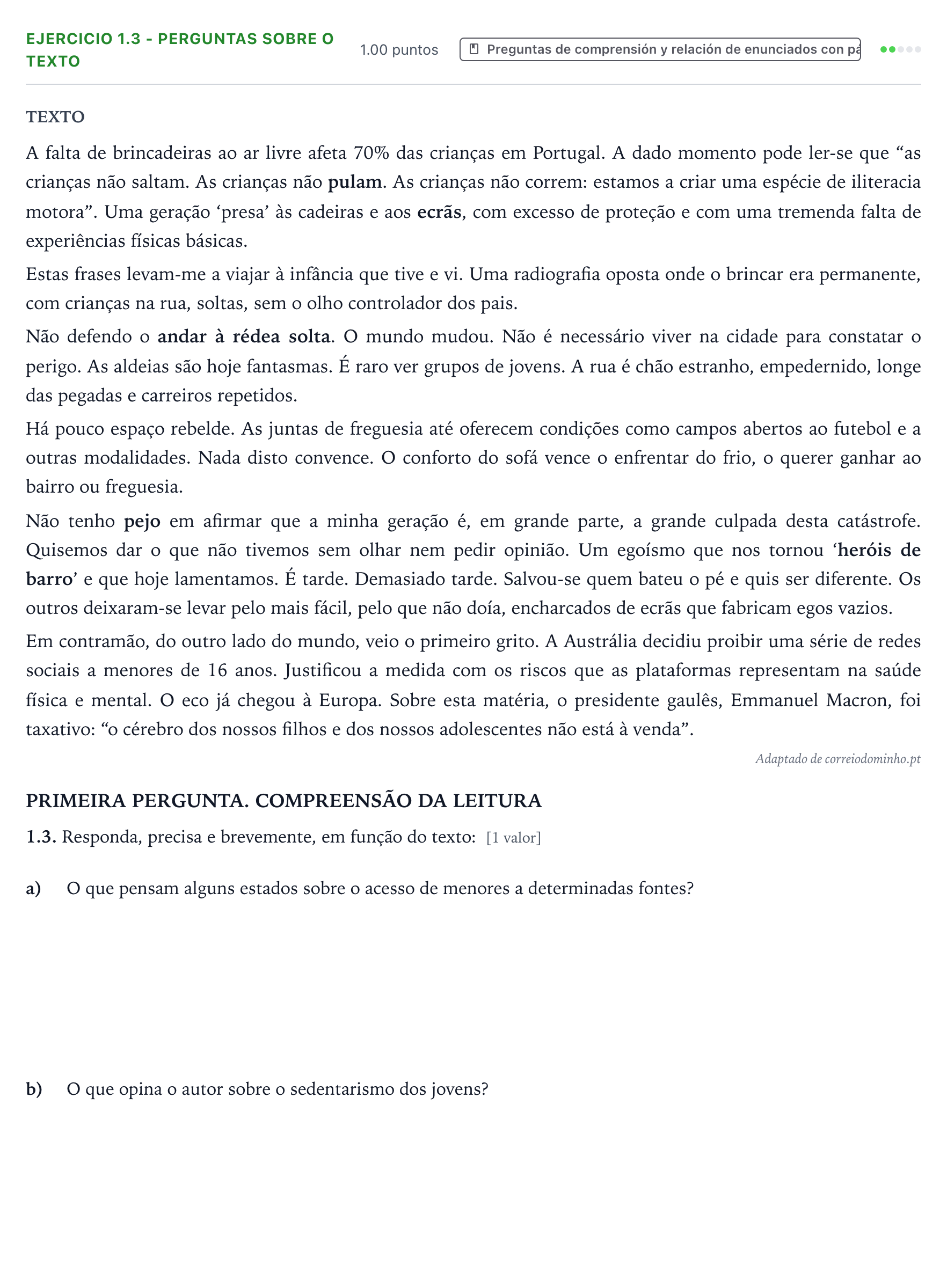 Enunciado: Ejercicio 1.3 - Perguntas sobre o texto · Portugués PAU Galicia Extraordinaria 2026