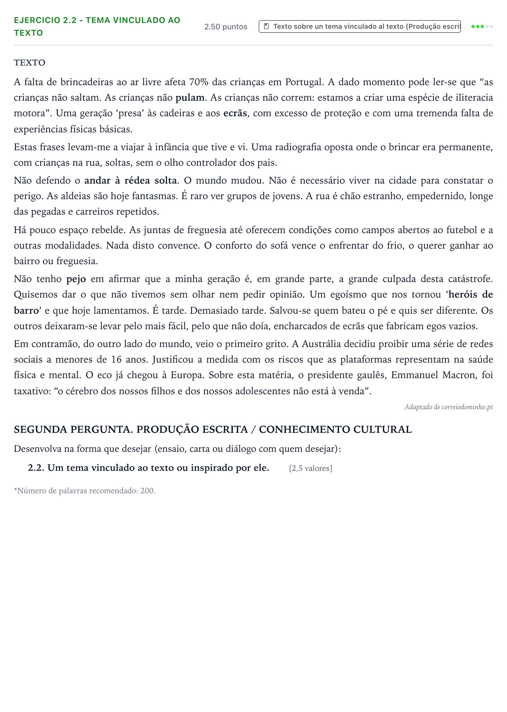 Enunciado: Ejercicio 2.2 - Tema vinculado ao texto · Portugués PAU Galicia Extraordinaria 2026