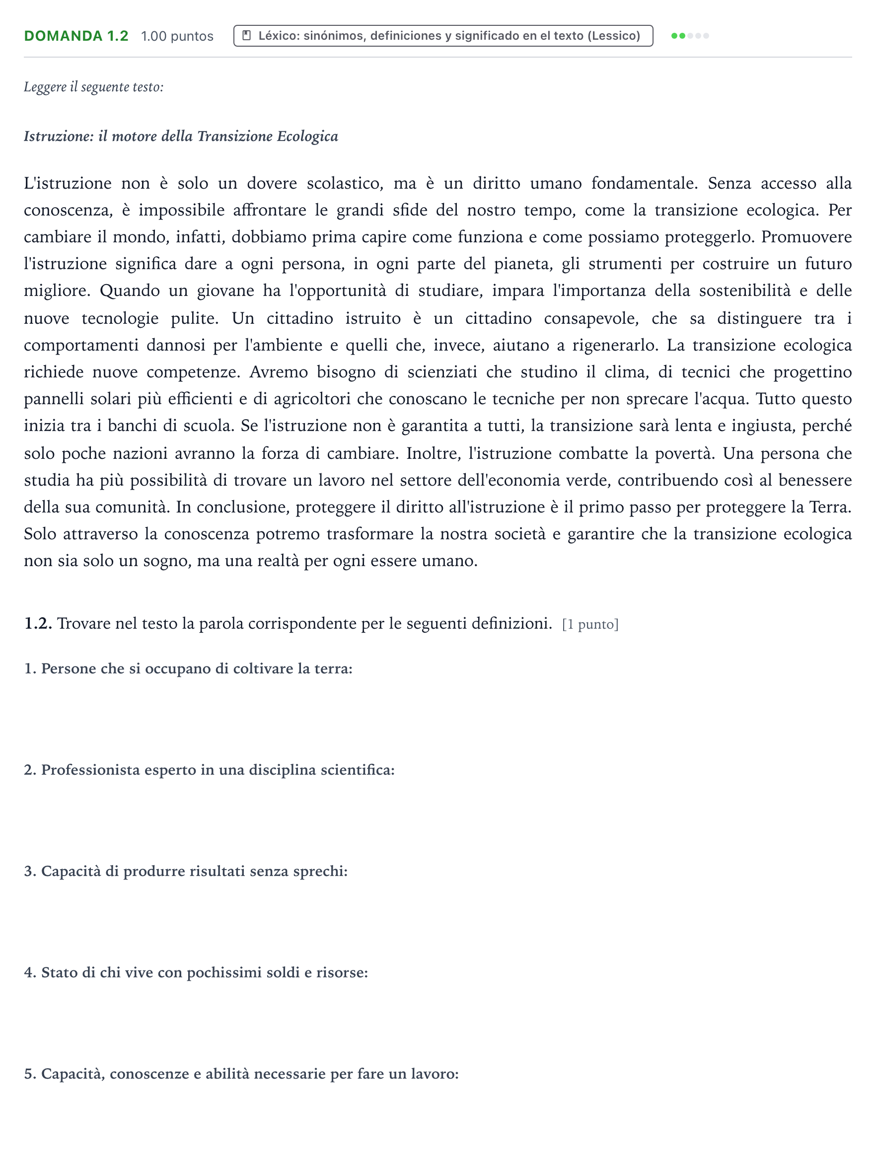 Enunciado: Ejercicio Domanda 1.2 · Italiano PAU Galicia Extraordinaria 2026