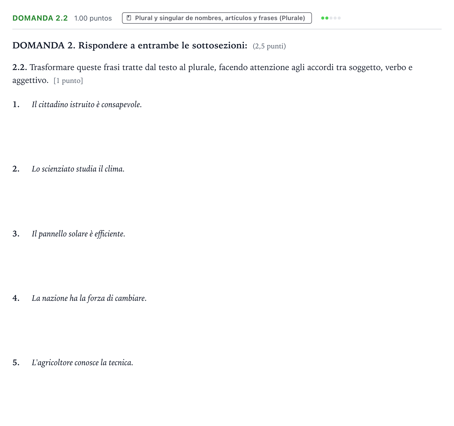 Enunciado: Ejercicio Domanda 2.2 · Italiano PAU Galicia Extraordinaria 2026
