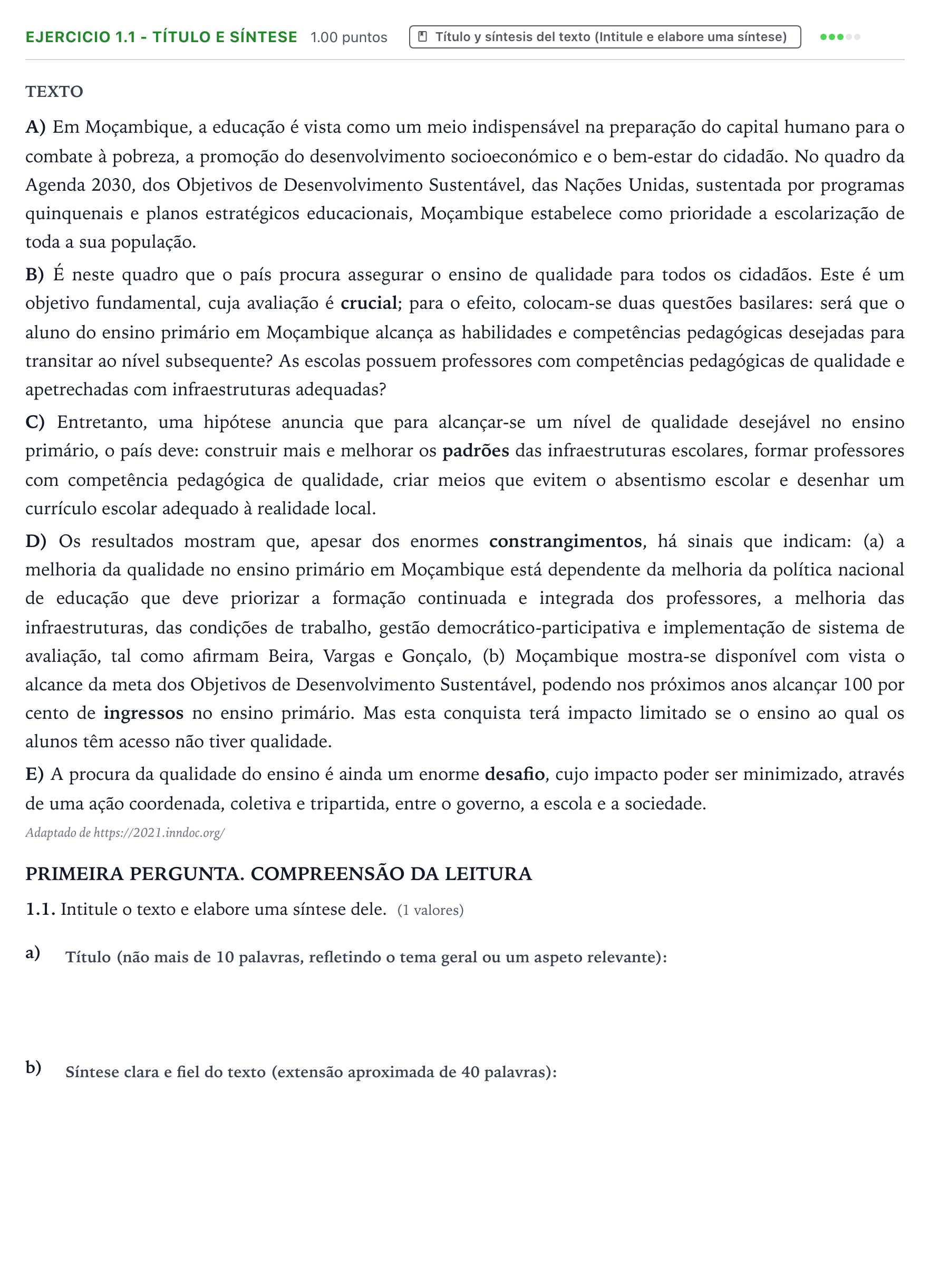 Enunciado: Ejercicio 1.1 - Título e síntese · Portugués PAU Galicia Ordinaria 2026