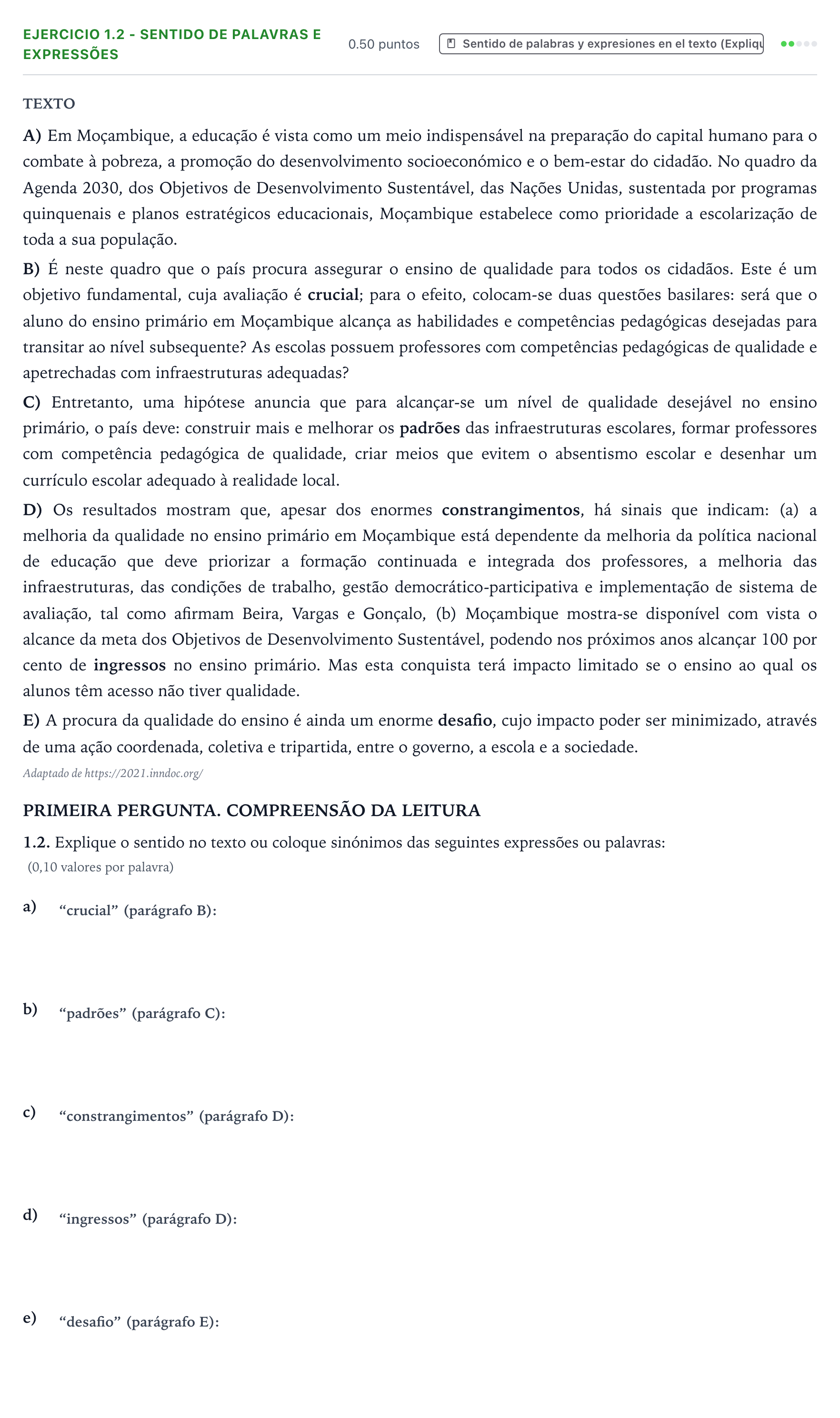 Enunciado: Ejercicio 1.2 - Sentido de palavras e expressões · Portugués PAU Galicia Ordinaria 2026