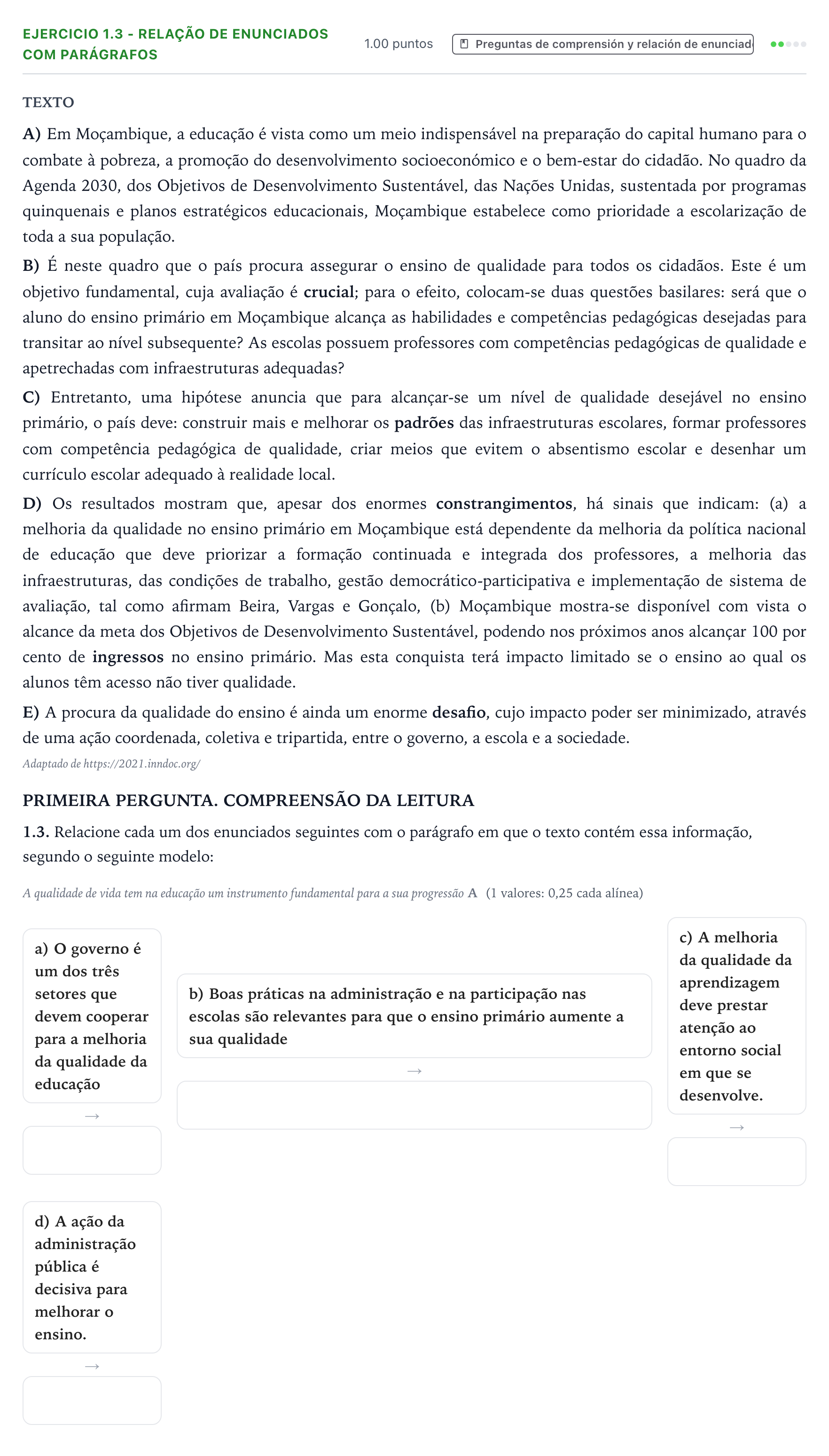 Enunciado: Ejercicio 1.3 - Relação de enunciados com parágrafos · Portugués PAU Galicia Ordinaria 2026