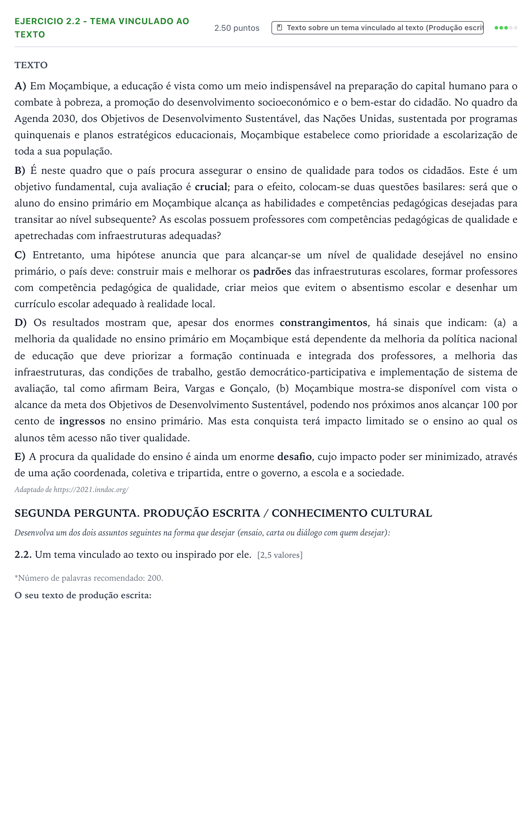 Enunciado: Ejercicio 2.2 - Tema vinculado ao texto · Portugués PAU Galicia Ordinaria 2026