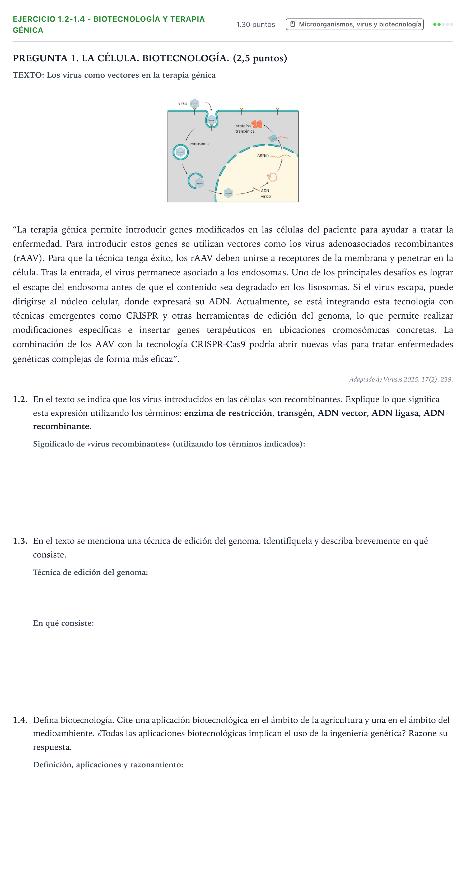 Enunciado: Ejercicio 1.2-1.4 - Biotecnología y terapia génica · Biología PAU Galicia Ordinaria 2026