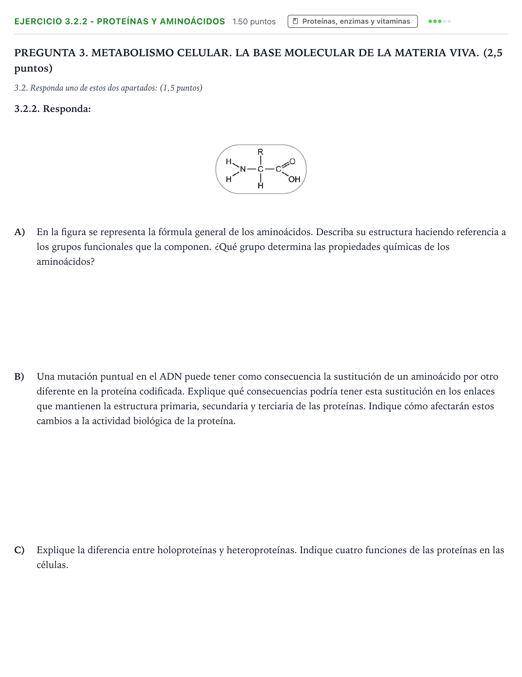 Enunciado: Ejercicio 3.2.2 - Proteínas y aminoácidos · Biología PAU Galicia Ordinaria 2026