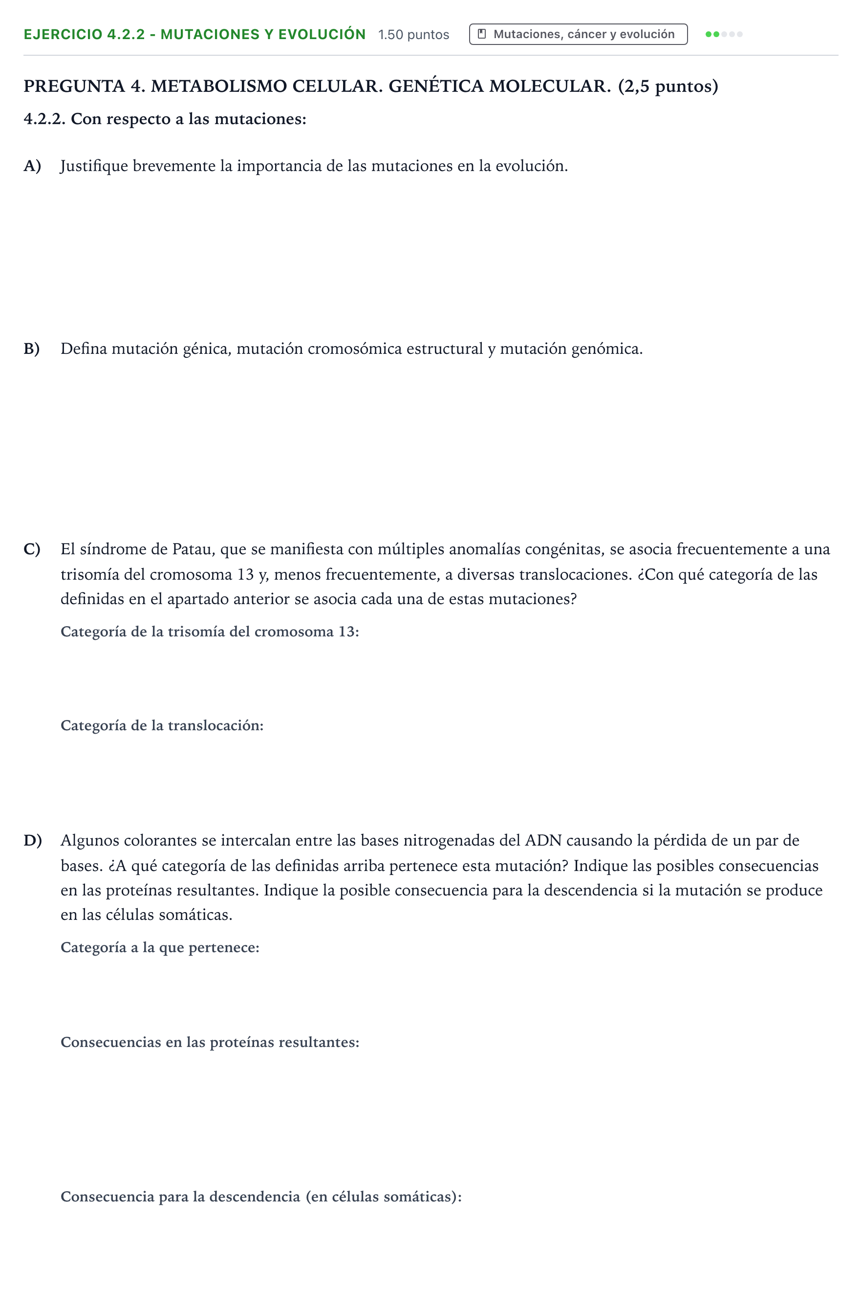 Enunciado: Ejercicio 4.2.2 - Mutaciones y evolución · Biología PAU Galicia Ordinaria 2026