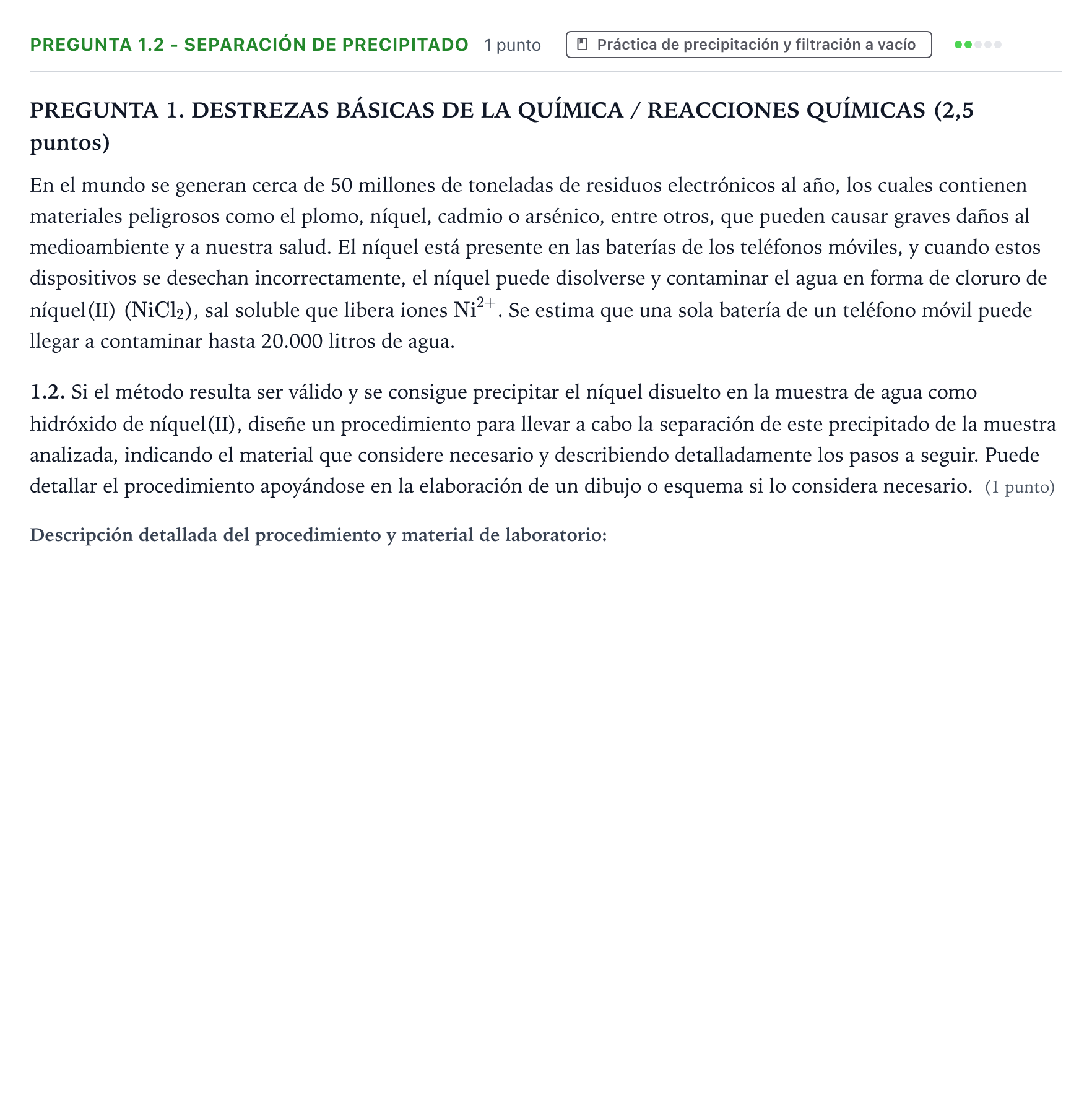 Enunciado: Pregunta 1.2 - Separación de precipitado · Química PAU Galicia Extraordinaria 2026