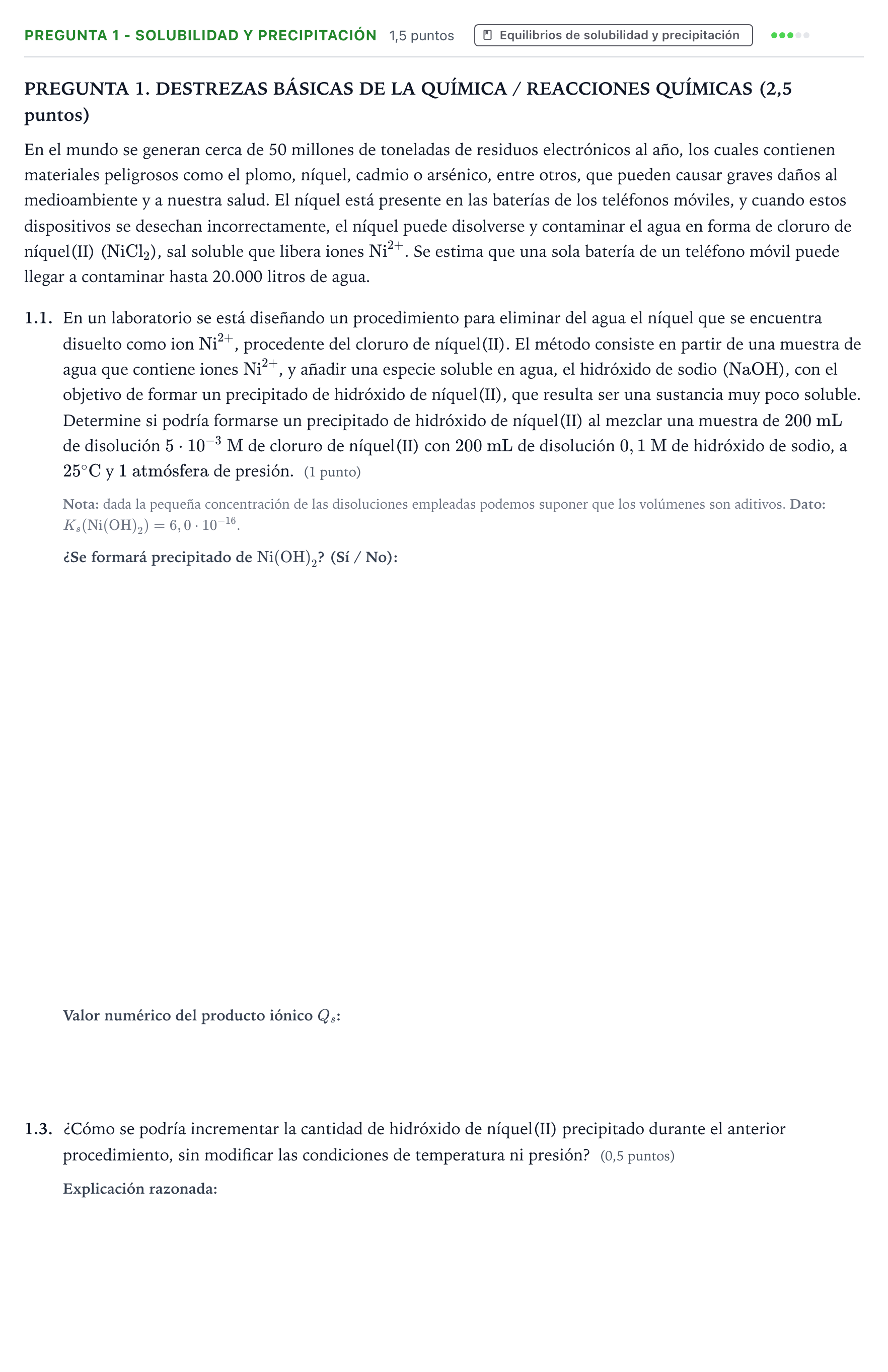 Enunciado: Pregunta 1 - Solubilidad y precipitación · Química PAU Galicia Extraordinaria 2026