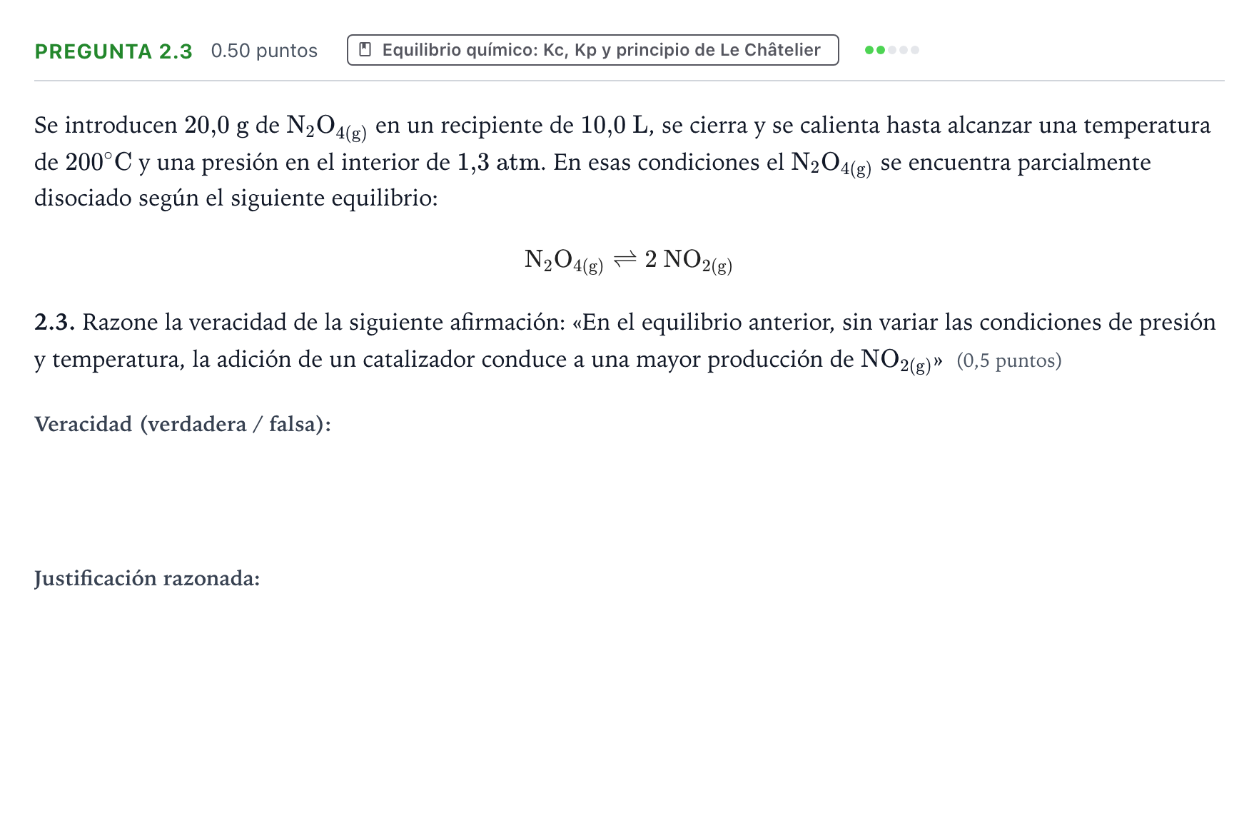 Enunciado: Pregunta 2.3 · Química PAU Galicia Extraordinaria 2026