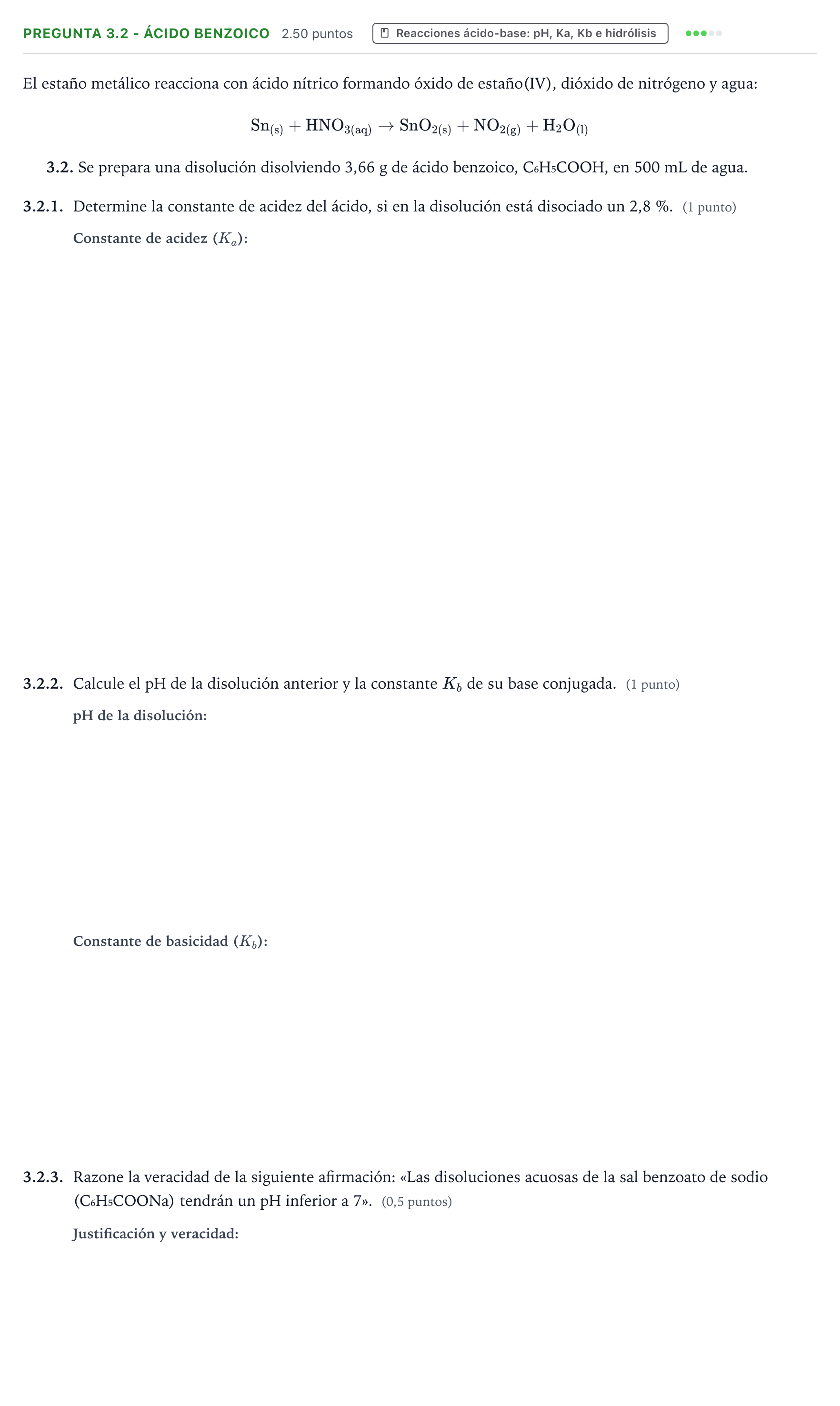 Enunciado: Pregunta 3.2 - Ácido benzoico · Química PAU Galicia Extraordinaria 2026